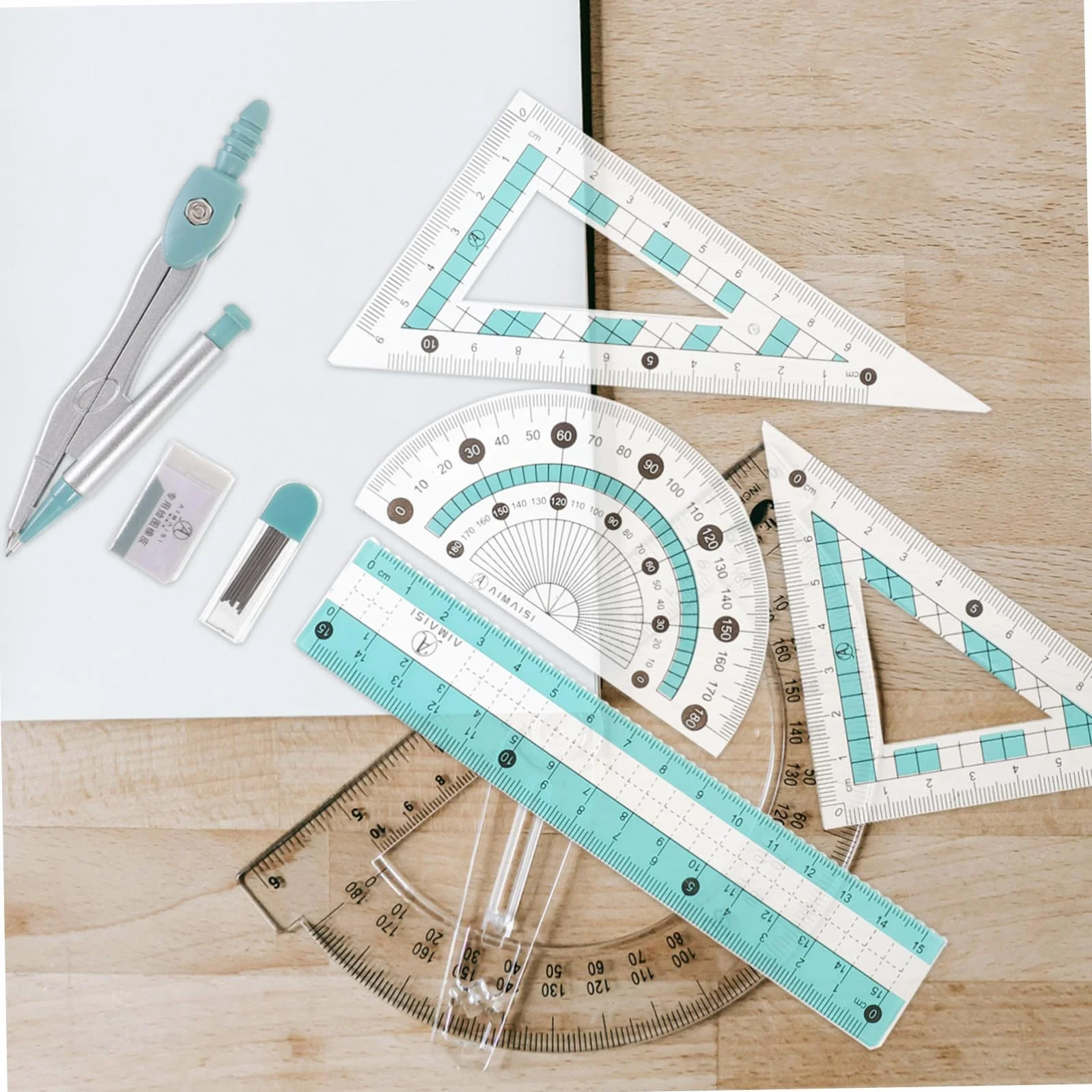 Compas Escolar Set de Geometria 7 Piezas Kit de Aprendizaje Completo con Regla Transportador