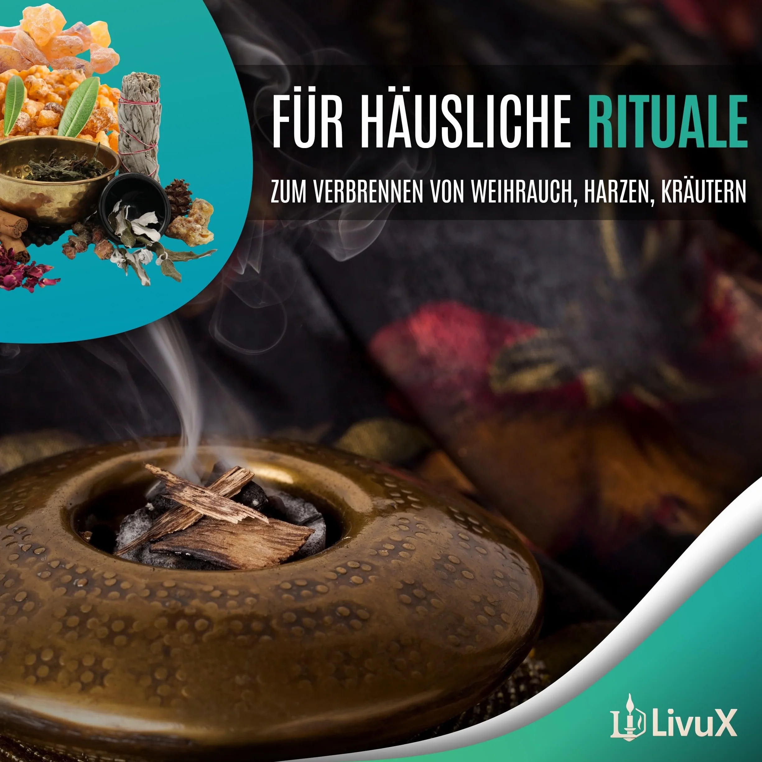LivuX 100 pastillas de carbón de incienso 33 mm – carbón ahumado de encendido rápido, 10 rollos, ideal para quemar incienso