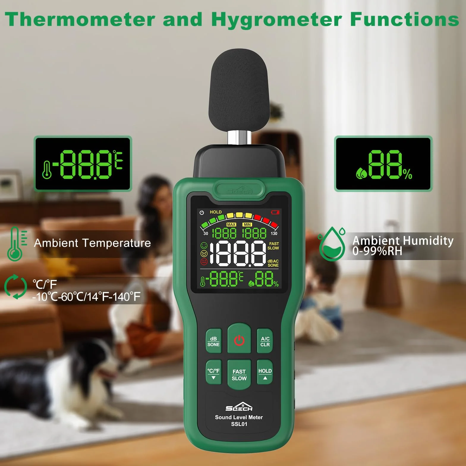 Sonometro Medidor de Decibelios SQECH 30-130dB, Ponderation A/C, dB/SONE, Pantalla Retroiluminada Color