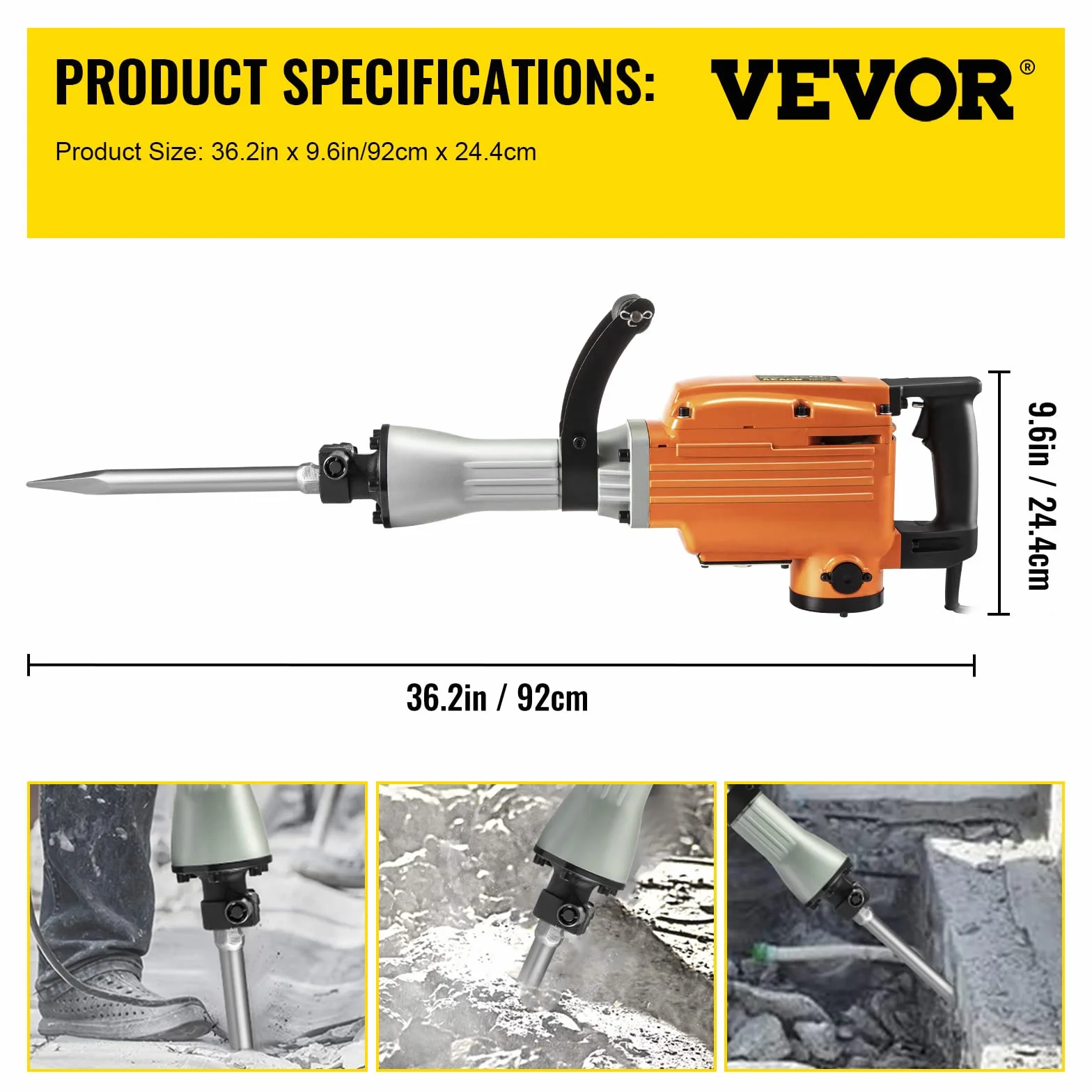 VEVOR Martillo demoledor eléctrico 1500 W 65 A Martillo demoledor con mango ergonómico giratorio a 360° para hormigón, ladrillos, estucos de azulejos, eliminación de cimientos de viviendas