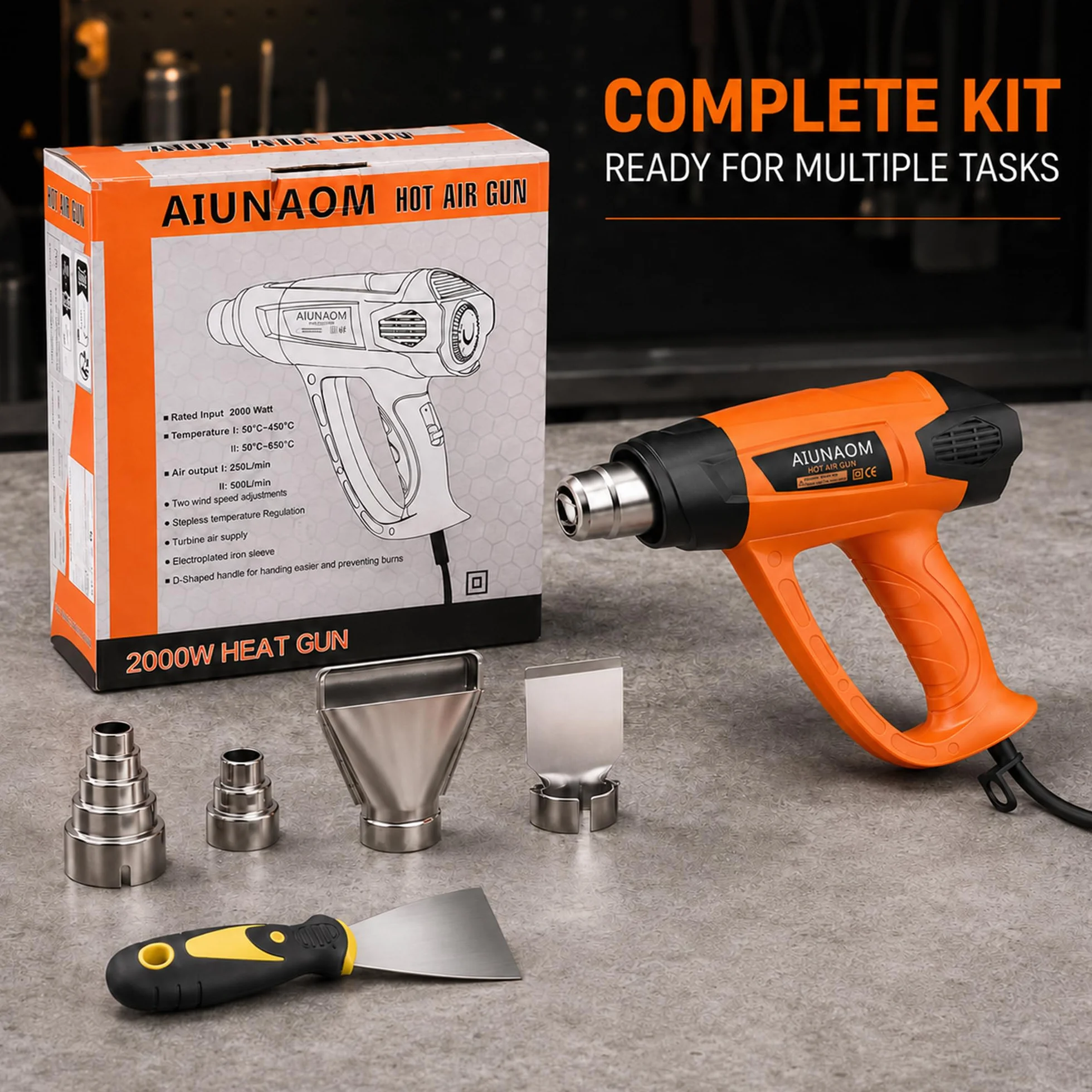 Pistola de Aire Caliente AIUNAOM 2000W Pistola de Calor Professional 9 niveles de temperatura ajustables 50℃-650℃ Decapadora Protección Contra Sobrecarga para Soldar,Quitar Pintura y Calentar