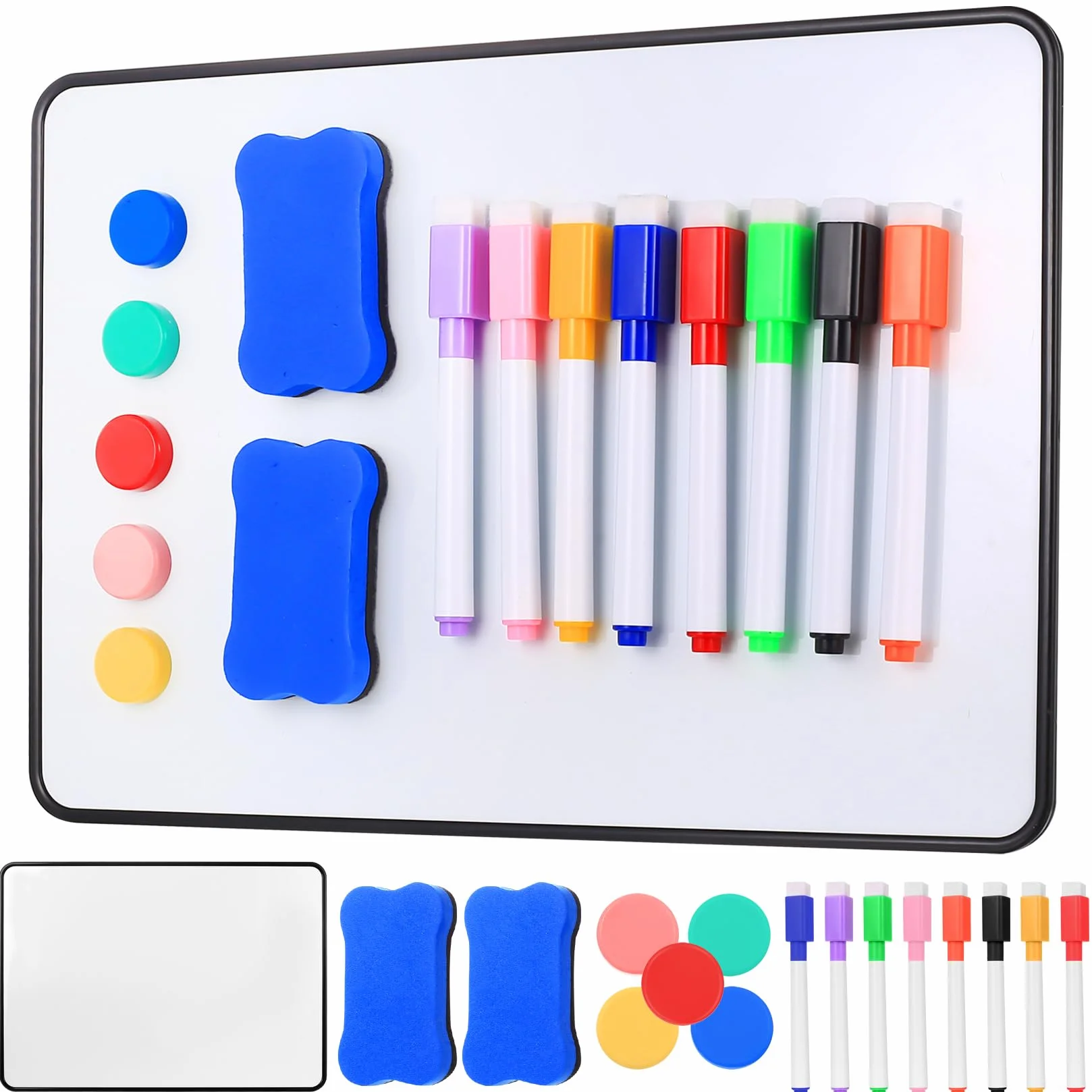 Pizarra Blanca A4 Doble Cara Borrable en Seco con Rotuladores Magnéticos e Imanes 29,5 x 21 cm