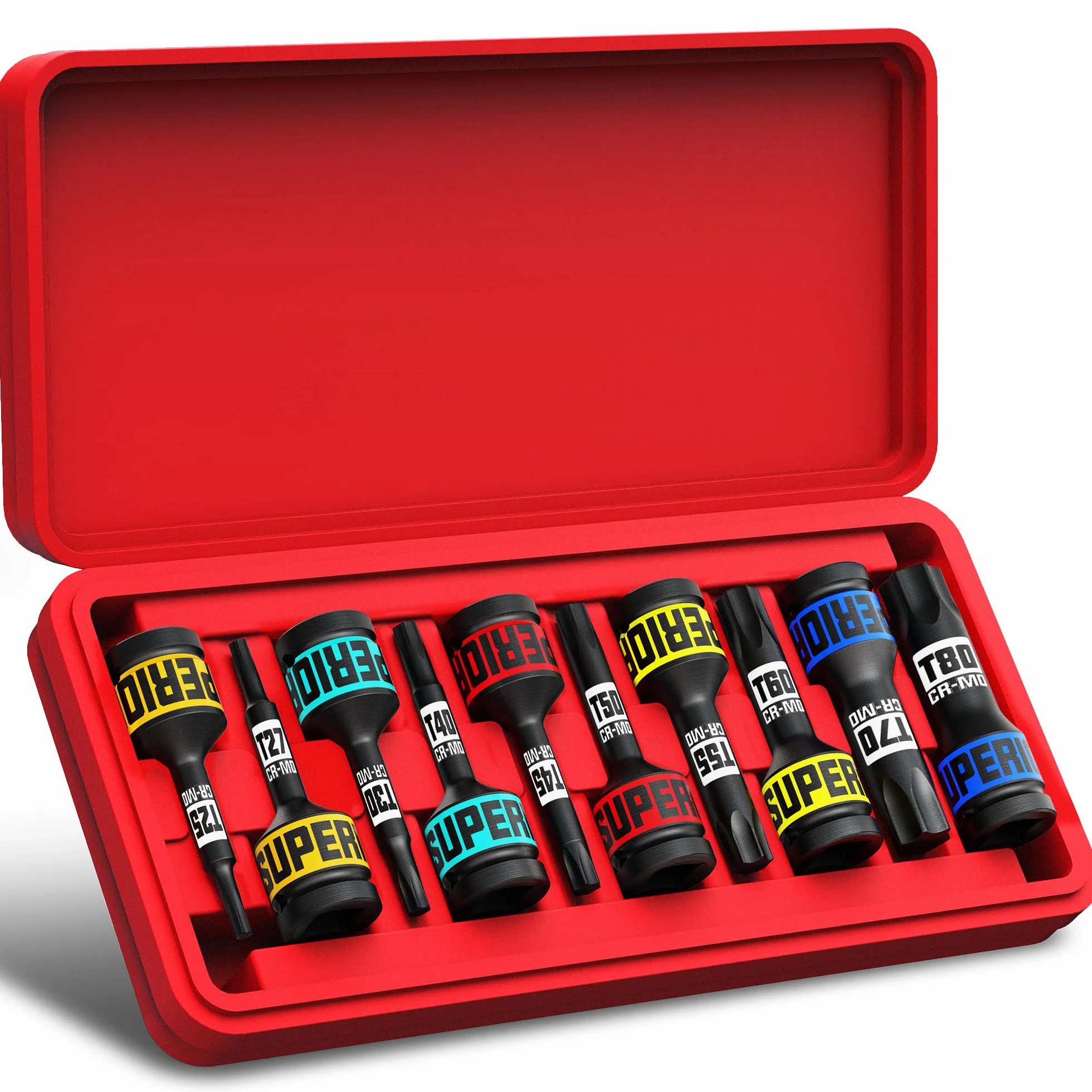 Juego de 10 Llaves de Vaso Torx 1/2", T25-80, Acero CR-MO, Juegos de Vasos Con Punta de Estrella Torx, Para Reparación de Automóviles, Mantenimiento Mecánico