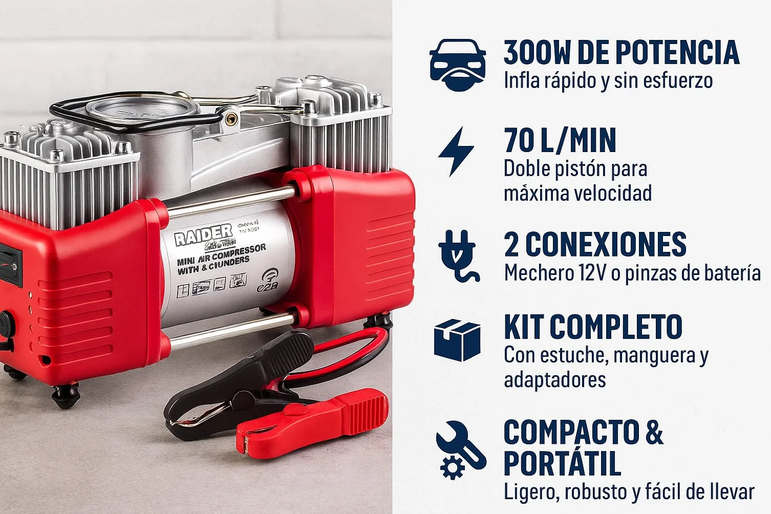 Compresor de Aire Portátil 12V 300W – 70L/min Doble Pistón con Manómetro, Conexión Mechero y Pinzas de Batería, Incluye Estuche con Accesorios – Para Coche, Moto y Furgoneta