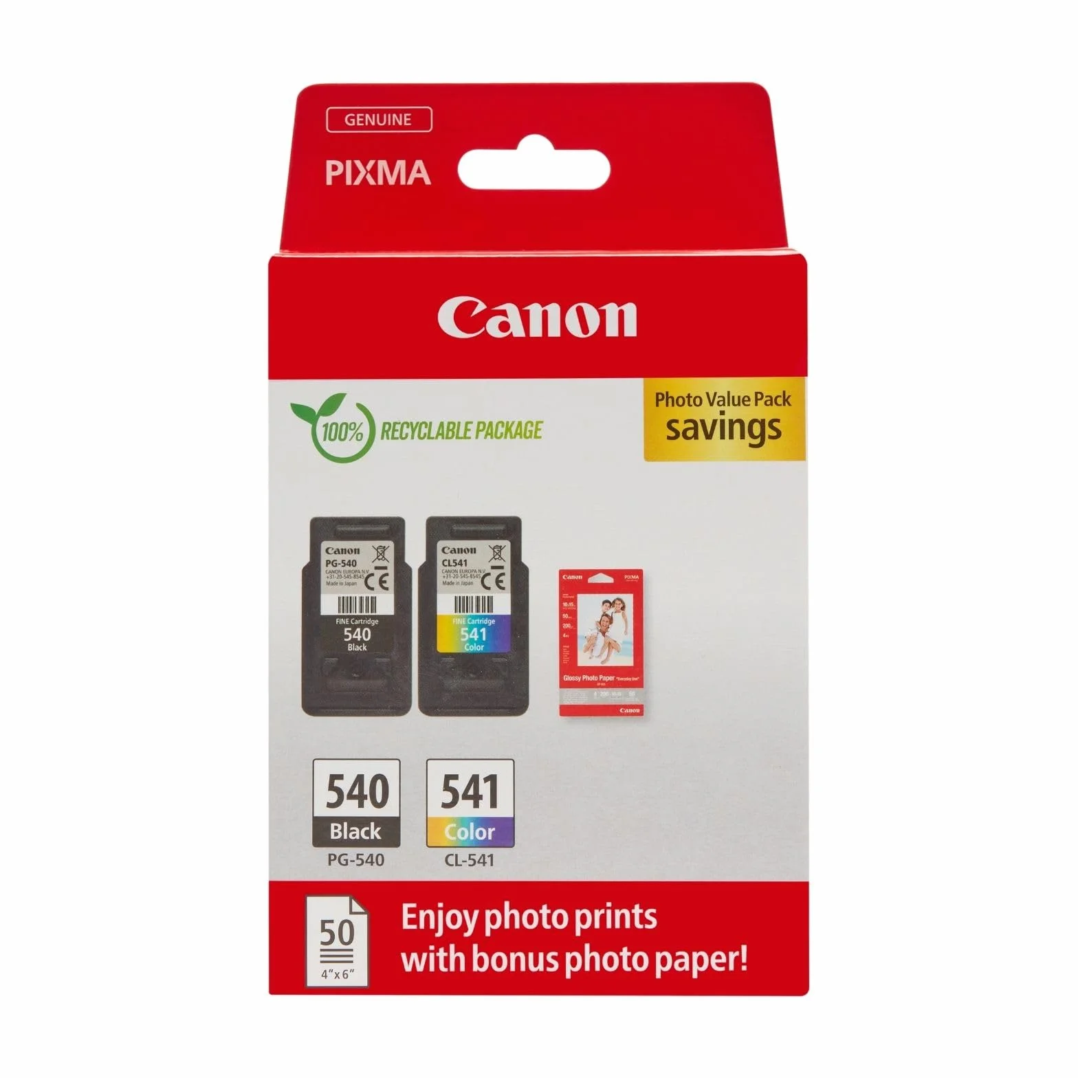 Canon Multipack Cartuchos de Tinta Originales PG-540/CL-541 - 2 Cartuchos (1 Negro, 1 Color) y Papel Fotográfico 4x6 (50 Hojas) para PIXMA