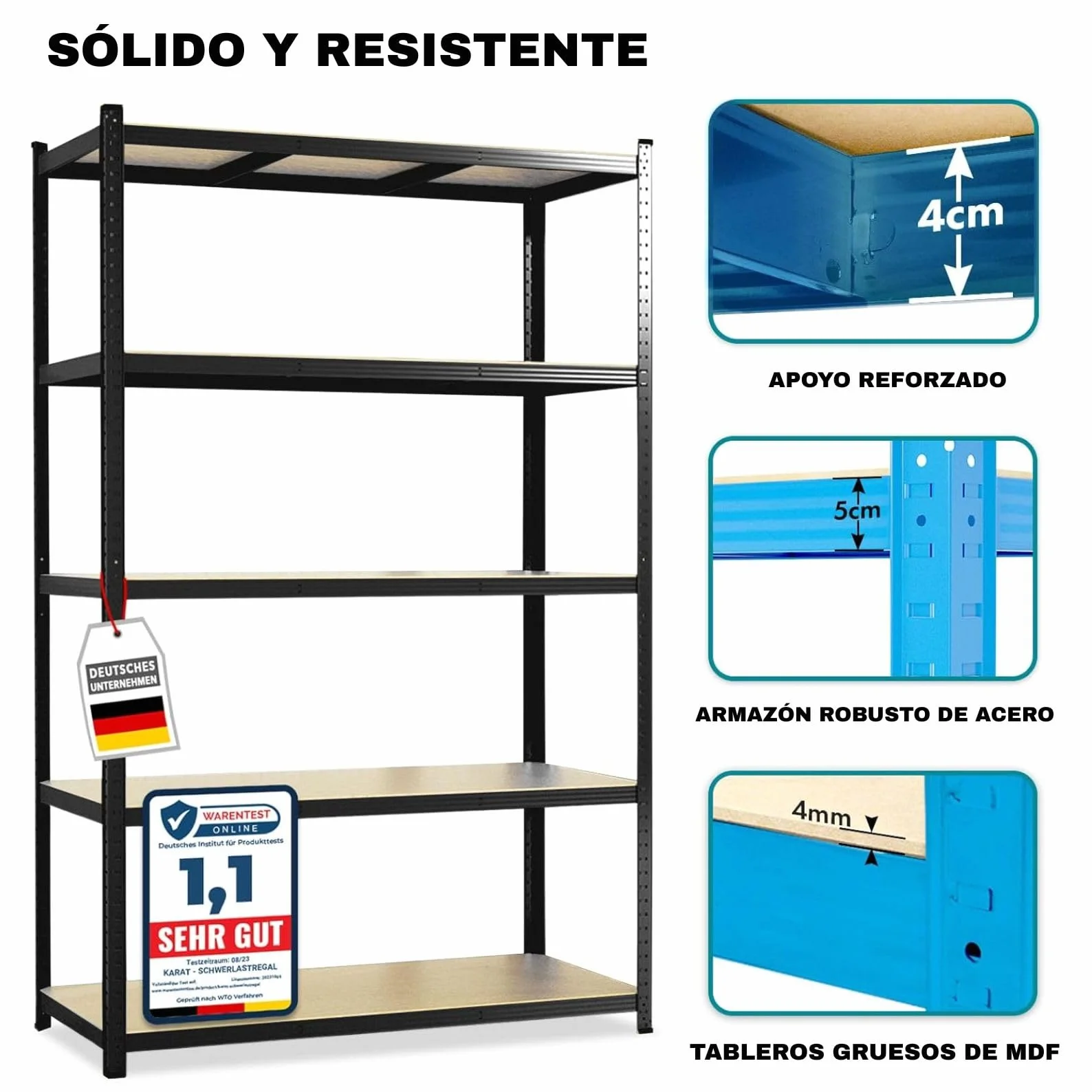 KARAT Estantería para cargas pesadas, juego de 2 unidades, 180 x 90 x 40 cm, 5 estantes ajustables, color negro