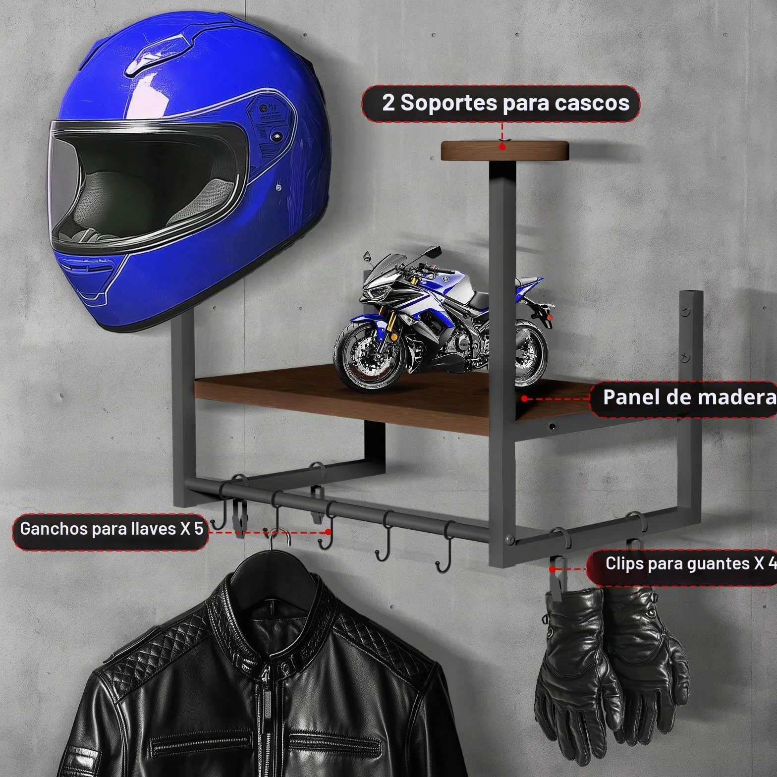 Soporte de pared moto para casco, colgador casco moto pared Perchero con tablas de capas de madera, 2 soportes para casco, fútbol y equipo de ciclismo, Marrón oscuro