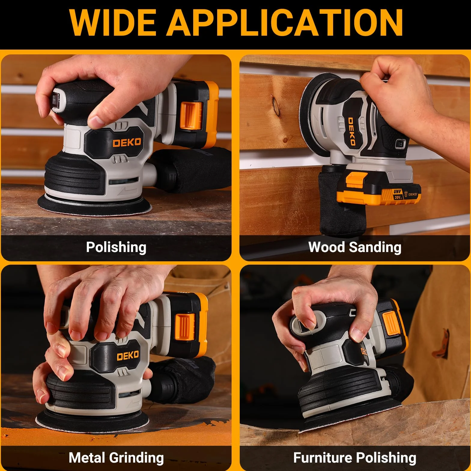 DEKOPRO 20V Lijadora Excéntrica Inalámbrica con 1 Batería de 2,0 Ah, Lijadora de 125 mm Madera 13000 RPM, Incluye 15 Hojas de Lija, Apta para Proyectos de Bricolaje en Madera, Gris