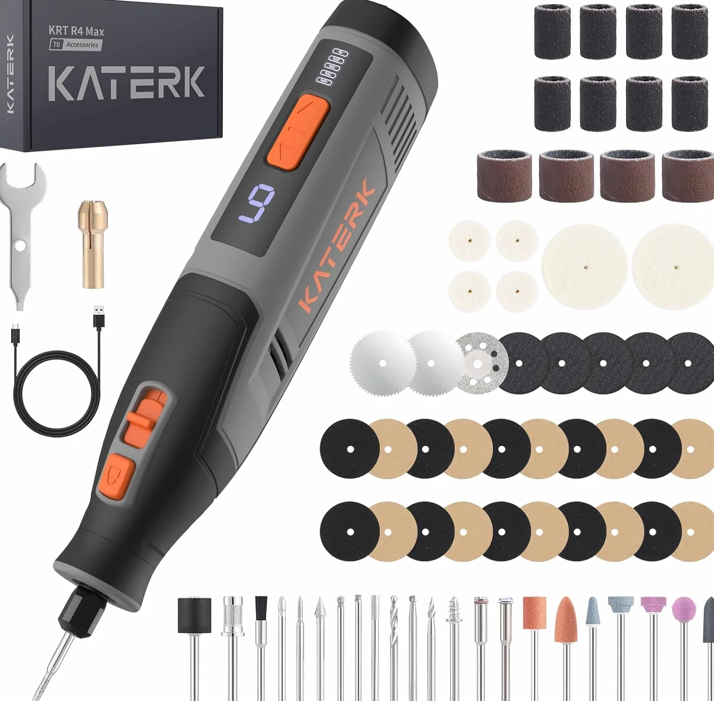 Katerk Kit de Herramientas de Amoladora, 6 Velocidades Herramienta Rotativa, 8000-28000RPM, Batería 4000mAh, Mini Amoladora Eléctrica con 70 Accesorios para Grabar,Taladrar,Cortar, Esmerilar- Gris