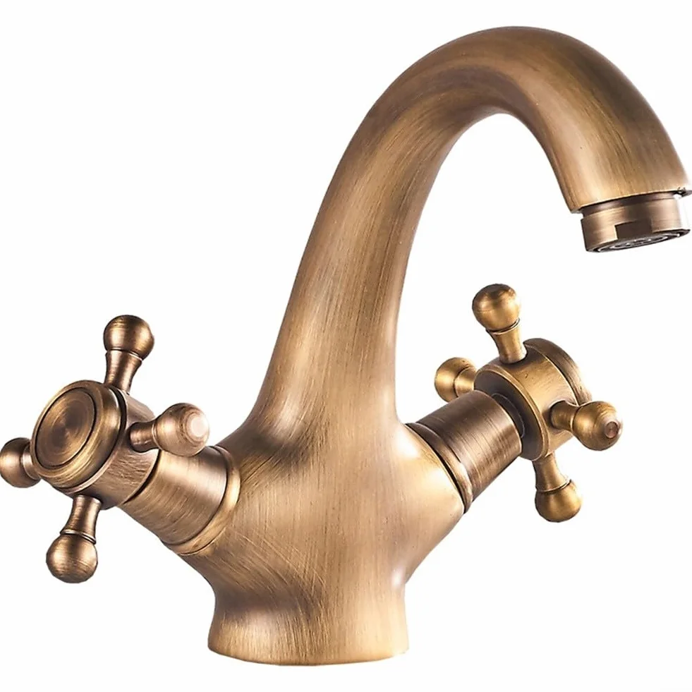 Grifo mezclador doble de baño giratorio vintage para lavabo, construcción de latón con acabado cromado/dorado/bronce/negro (bronce)