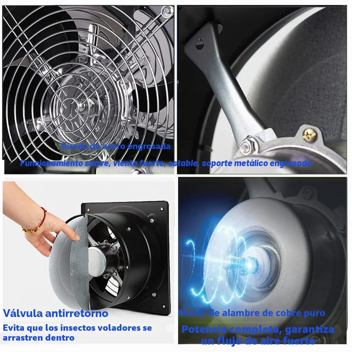 Ventilador axial industrial 200 mm 80 W 1250 m³/h metal extractor techo pared 250x250 mm