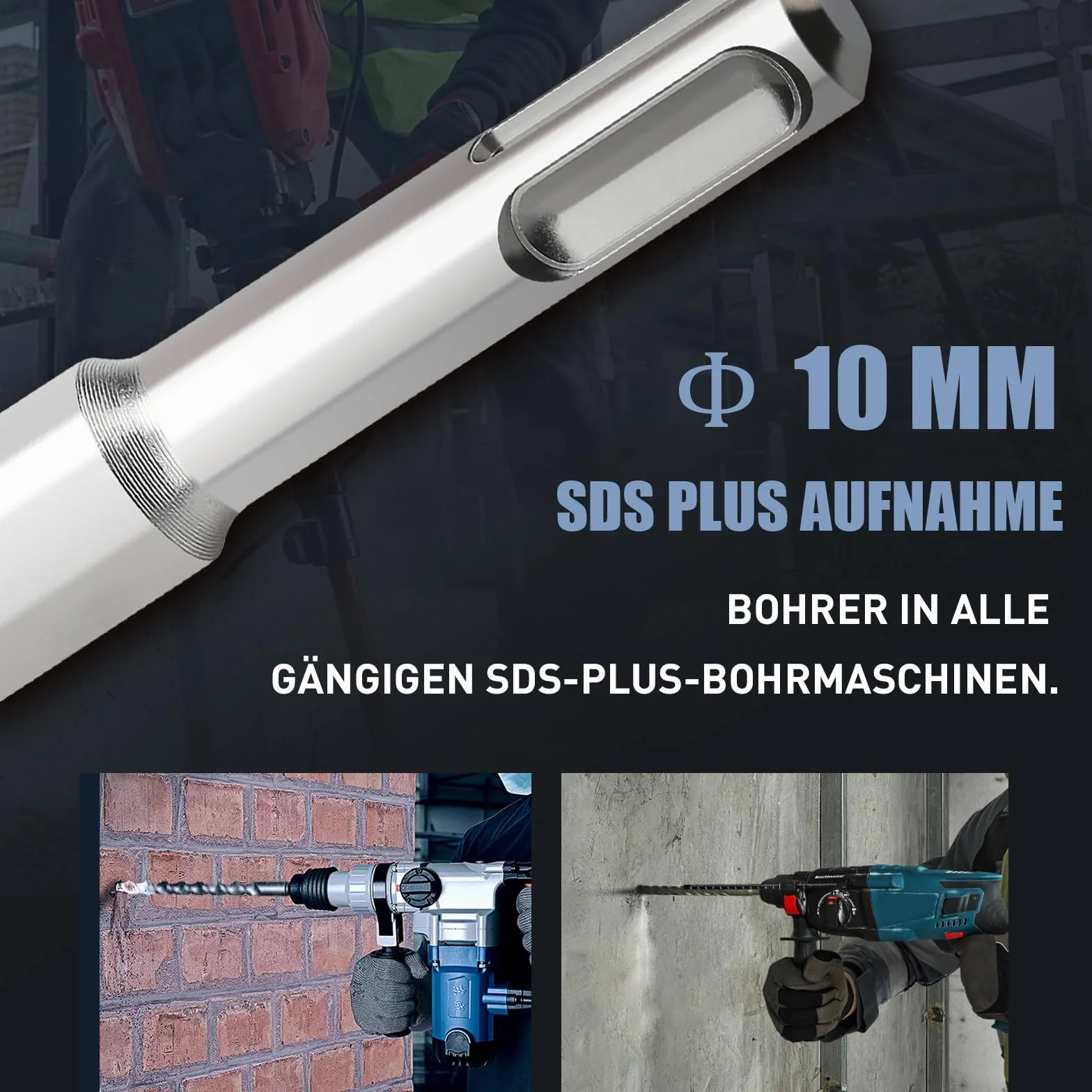 SDS Plus Punta para taladro para hormigón, 10 x 310 mm, con 4 puntas de metal duro y doble rosca, para hormigón, piedra, piedra natural