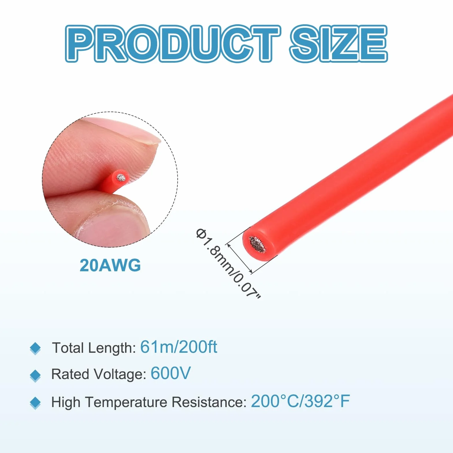 QUARKZMAN Cable de Silicona, 20 AWG Alambres Eléctricos Flexible de Cobre Estañado Trenzado de 61m, Resistente a Altas Temperaturas (200 °C/392 °F), Carrete para DIY, Electrodoméstico, Rojo
