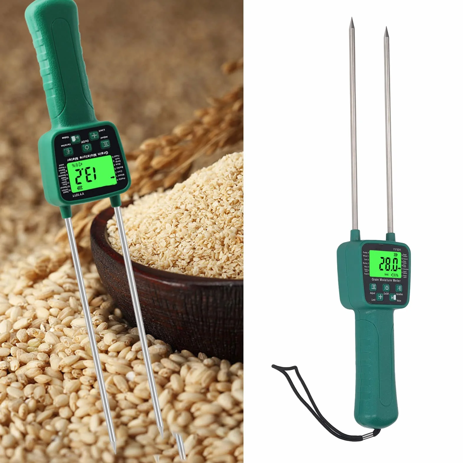 Ausla Medidor de Humedad para Granos, Pantalla LCD con Retroiluminación Sonda Doble Varilla Acero Transmisión Voz en Tiempo Real para Trigo Maíz Arroz Soja y 14 Cultivos