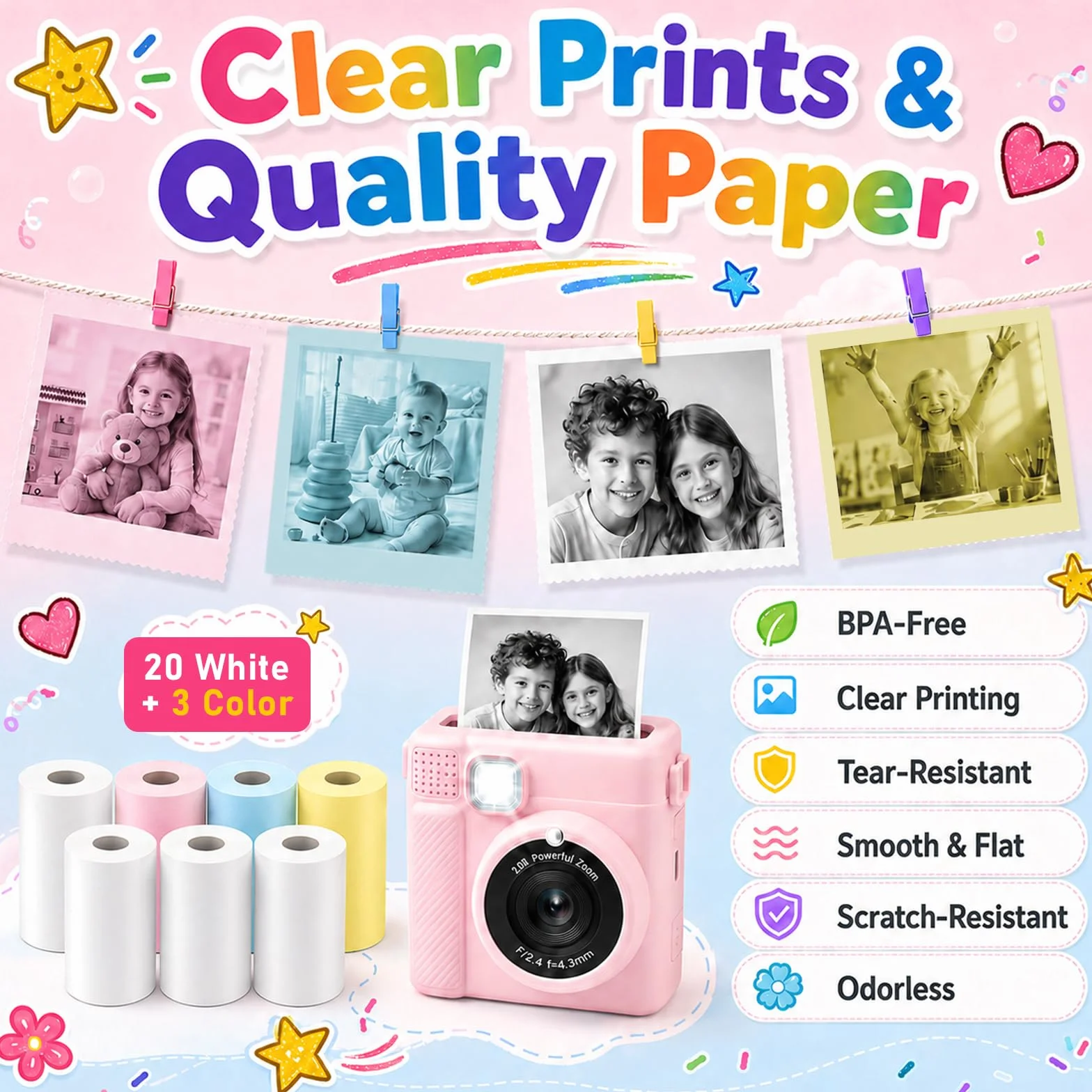 23 Rollos Papel Térmico para Cámara Infantil, 20 Blancos + 3 Colores (Rosa, Azul, Amarillo), Rollo Papel Cámara Fotos Infantil Instantánea, Fácil de Recargar, 5.7 x 2.5 cm