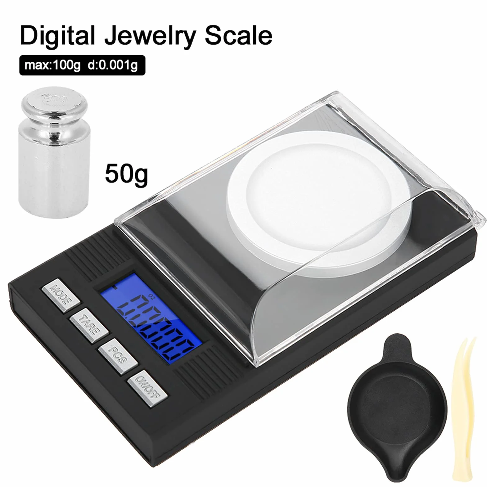 Báscula Digital de Miligramos para Joyería, 10G, 20G, 50G, 100G, 0,001G, Precisión, Conversión de 6 Unidades, Luz Trasera Azul, Báscula de Pantalla Digital con (100 gramos)