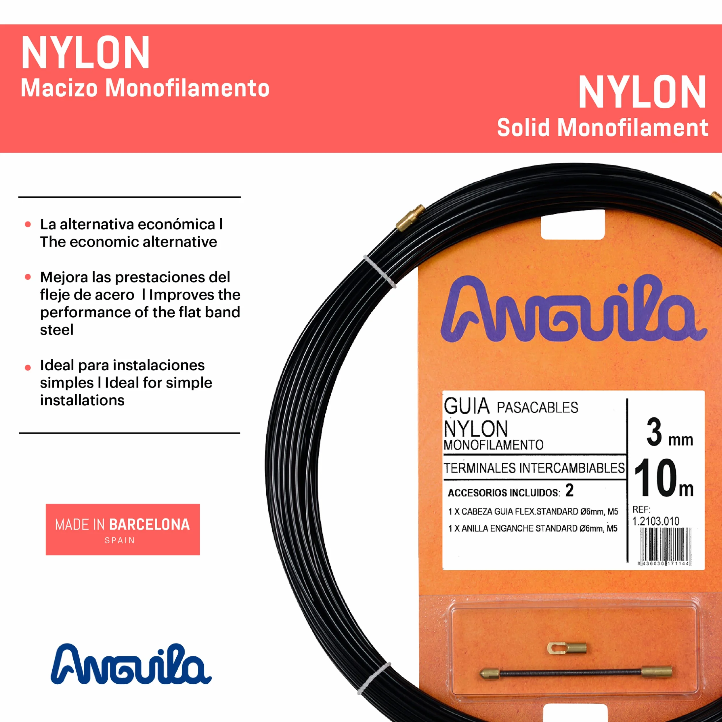 Anguila | Guía Pasacables | Terminales Intercambiables | Monofilamento | Nylon | Color Negro | Diámetro 3mm | 10 Metros