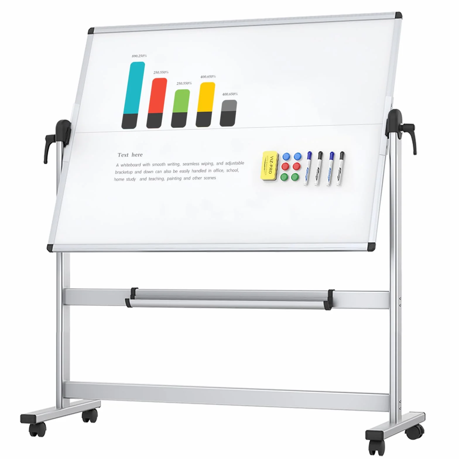 VIZ-PRO Pizarra blanca móvil magnética de doble cara 120x90 cm con ruedas marco de aluminio