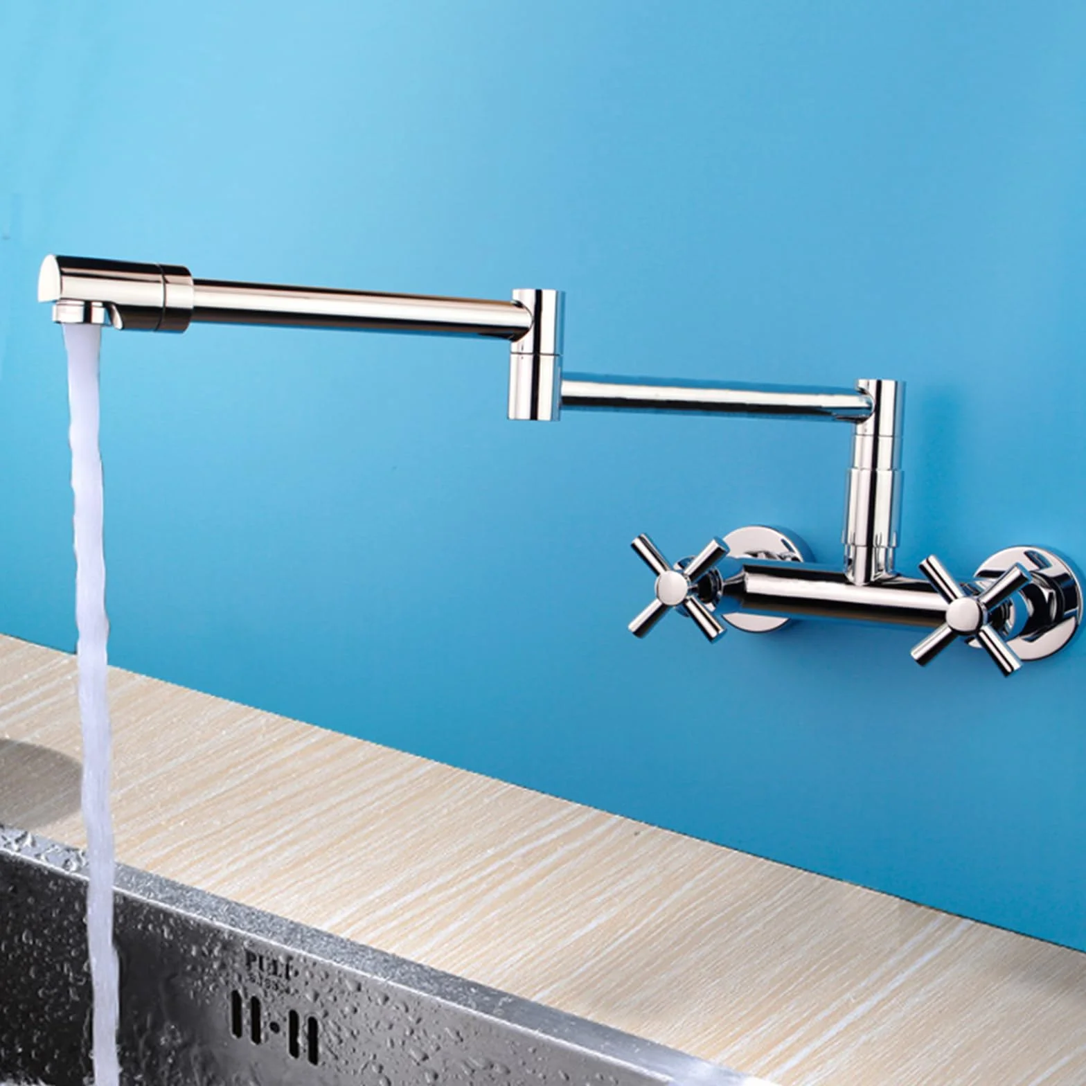 Grifo de llenado de ollas, grifo de cocina de latón de montaje en pared, brazo oscilante de doble junta, grifo de agua fría y caliente de dos manijas de un solo orificio, cromado