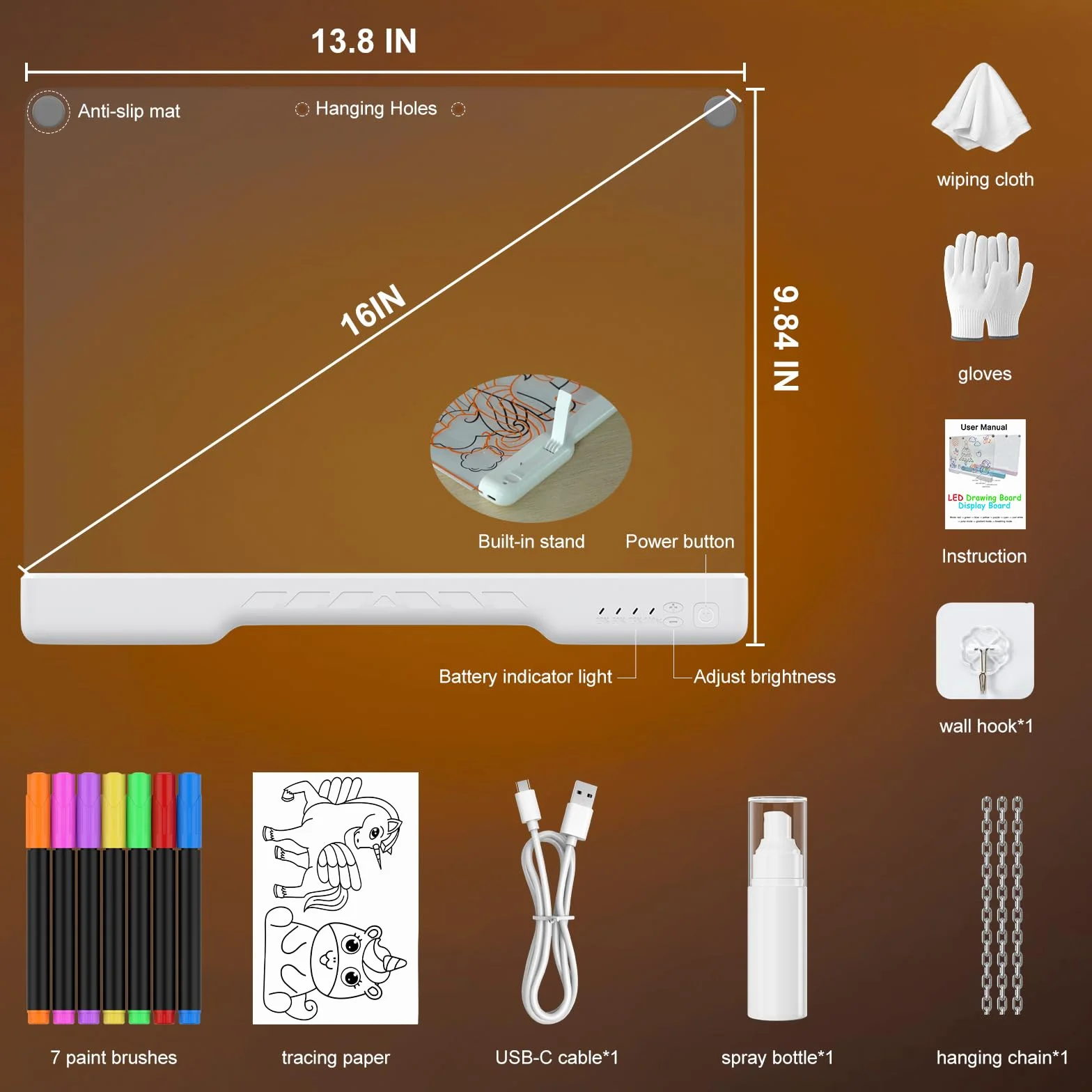 Tabla de Dibujo LED 16 Pulgadas Recargable con 7 Colores y Brillo Ajustable, Pizarra Neon Art