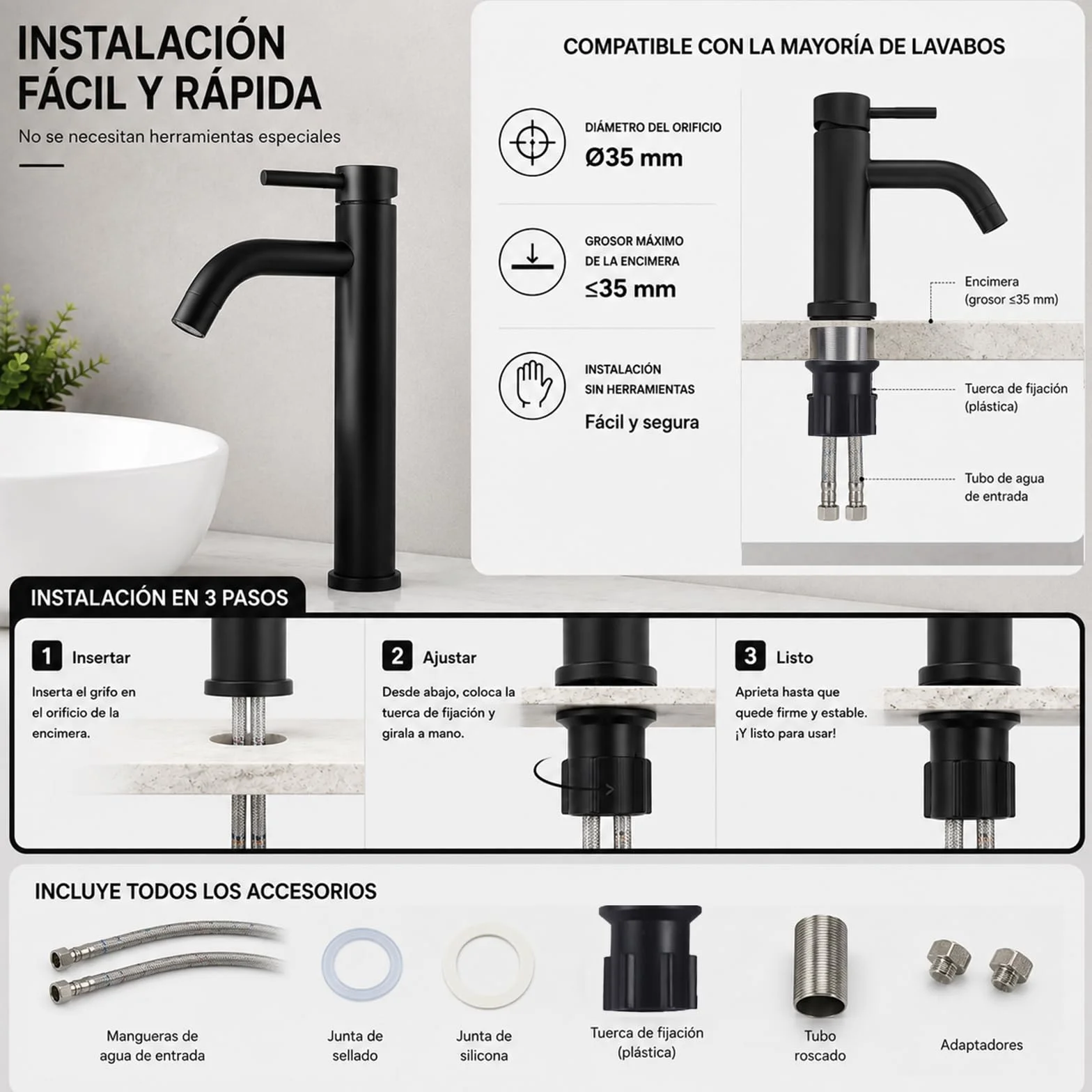 Grifo de Lavabo Alto Monomando para Baño, Acero Inoxidable, Acabado Negro Premium Resistente al Desgaste, Diseño Moderno y Minimalista(ALTO NEGRO)
