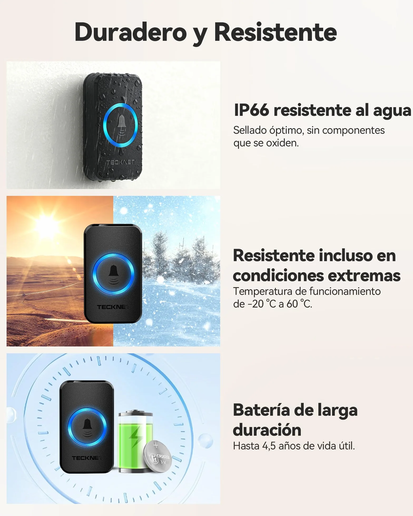 TECKNET Timbre Inalámbrico con Batería, 400 m, IP65, Resistente al Agua, 5 Niveles de Volumen, 60 Melodías