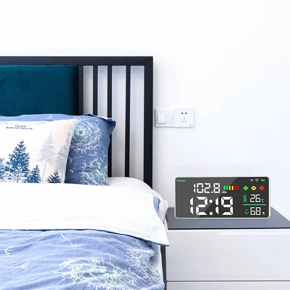 Tuya WiFi Medidor de Decibelios Digital Montado en la Pared Inteligente con Monitor de Temperatura y Humedad Pantalla LED Grande