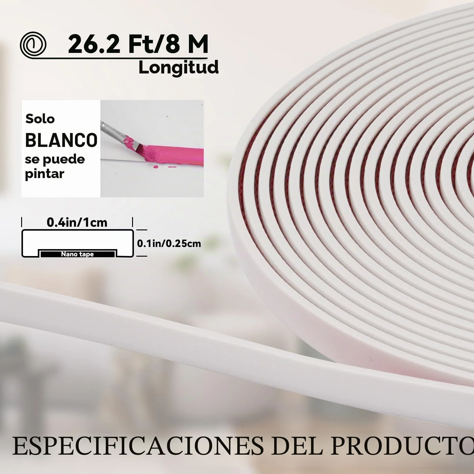 8M Moldura de Pared Autoadhesiva, Blanco Moldura Decorativa Flexible e Impermeable para Paredes, Techos, Marcos, Azulejos y Bordes, Moldura Adhesiva de PVC para Interiores (A:1 cm, G:0,25 cm)