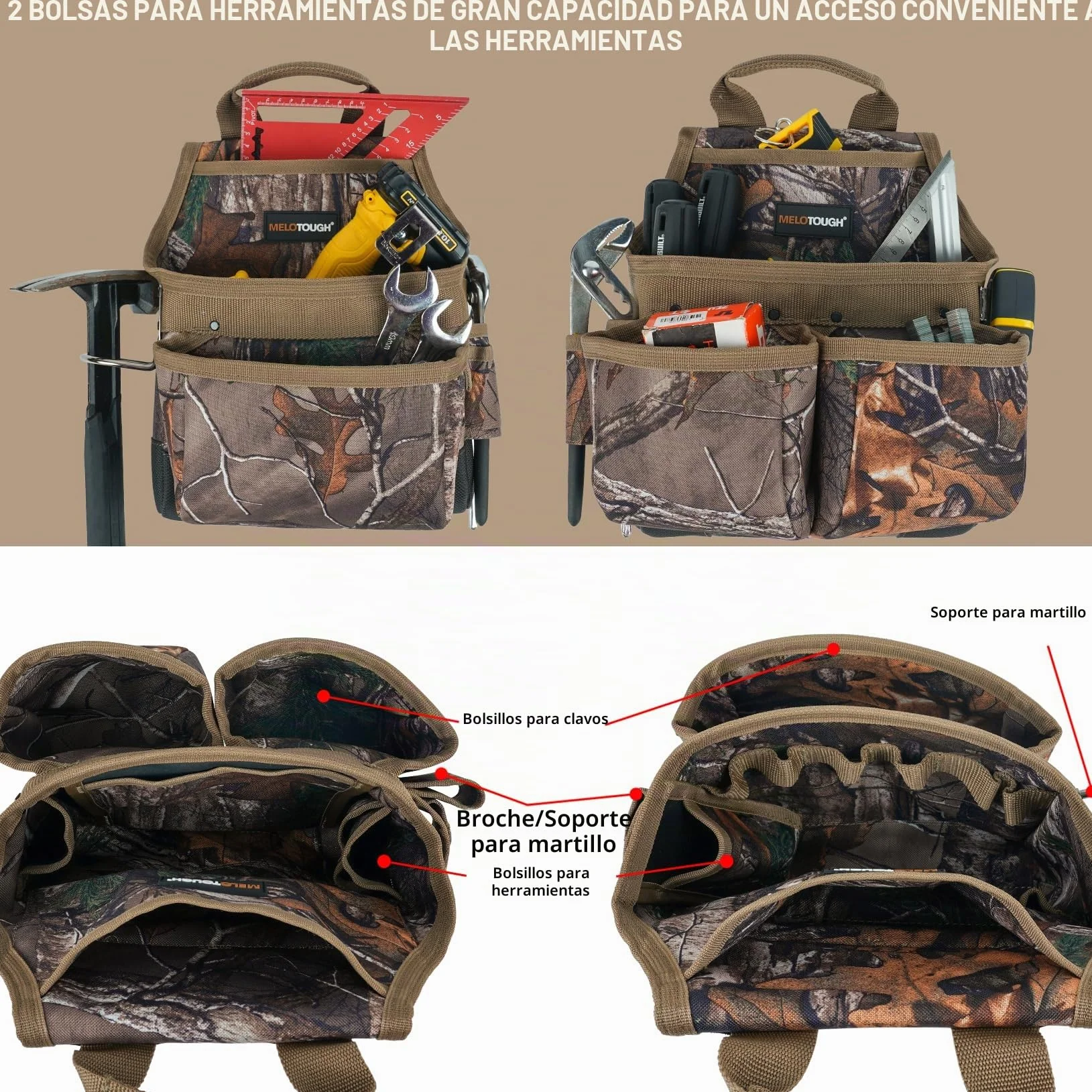 MELOTOUGH - Cinturón de herramientas con camuflaje y tirantes Bolso de herramientas con camuflaje y tirantes Combinación de peine, delantal, cinturón de herramientas, bolsa de herramientas para