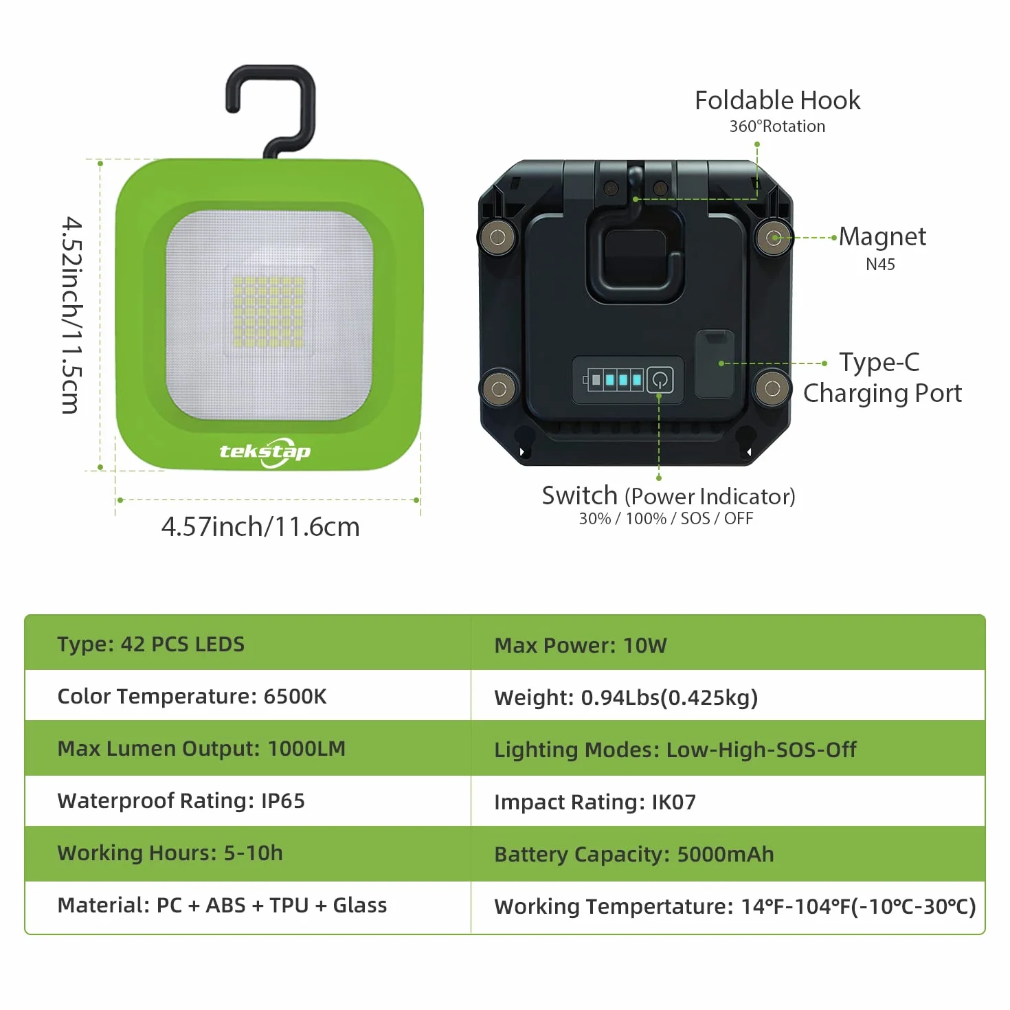 Tekstap Paquete de de trabajo LED recargables, 1000 lúmenes, magnéticas, portátiles, gancho para colgar y 3 modos, resistente al agua para reparación de automóviles, camping, emergencia (verde)