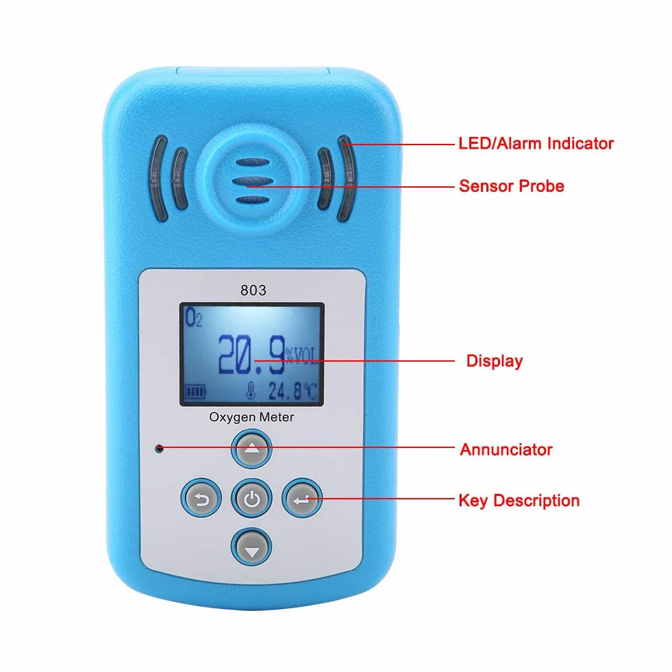 Detector de Oxígeno Portátil 0~25% VOL Medidor de Gas O2 con Alarma Pantalla Digital