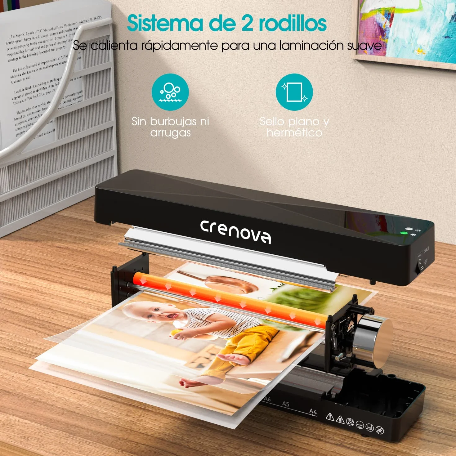 Crenova Plastificadora A4 en Caliente y Frío con 10 Fundas, Sin Burbujas, Ideal para Hogar y Oficina (Negra)