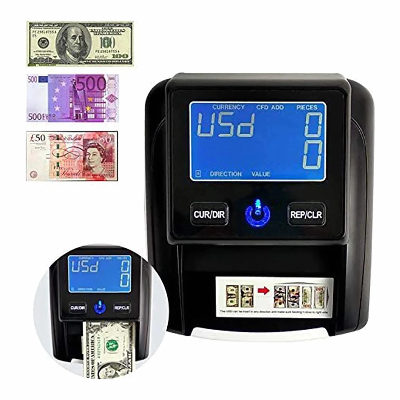 Lector portátil de moneda falsa con detección magnética, contador billetes USD