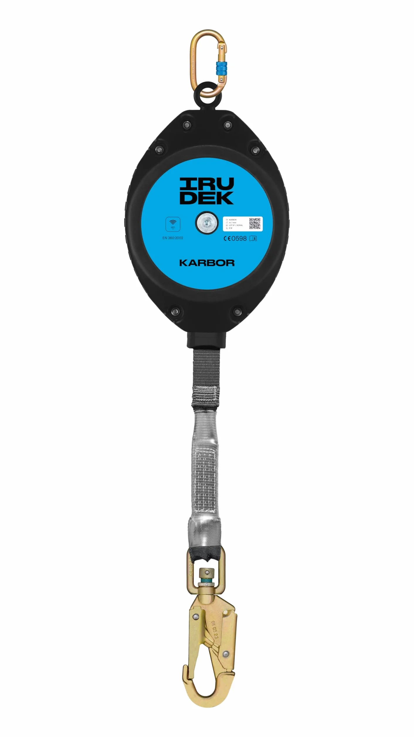 Irudek KARBOR 6 - Anticaídas retráctil 6 m con cinta de Technora, cárter sintético resistente, conectores giratorios, indicador de caída y chip NFC Ready, certificado EN 360 | VG11.060