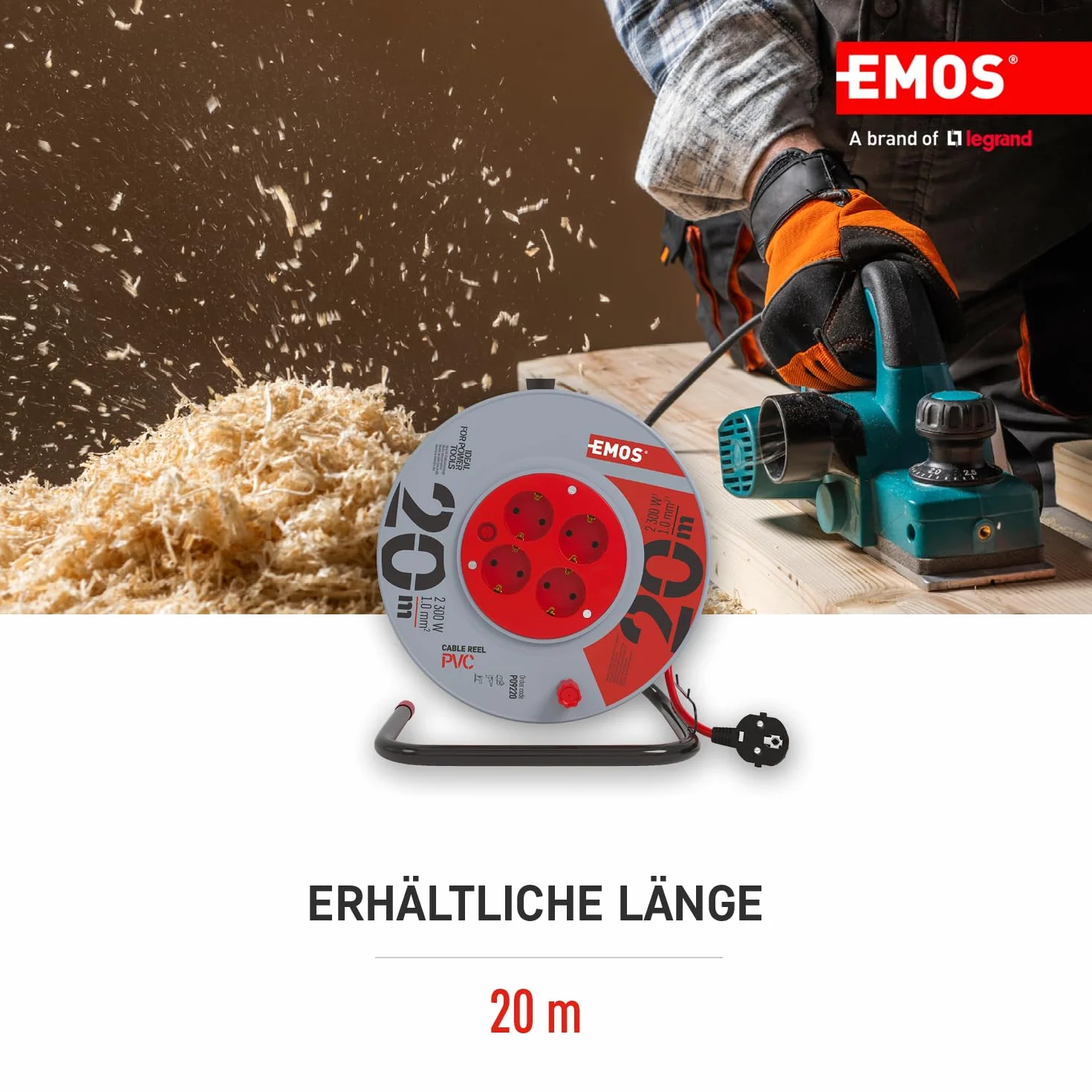 EMOS tambor cable 20 m, 4 Schuko, 230 V 10 A 2300 W, PVC H05VV-F3G 1.0 mm², protección sobrecalentamiento, freno bobina, IP20, interior