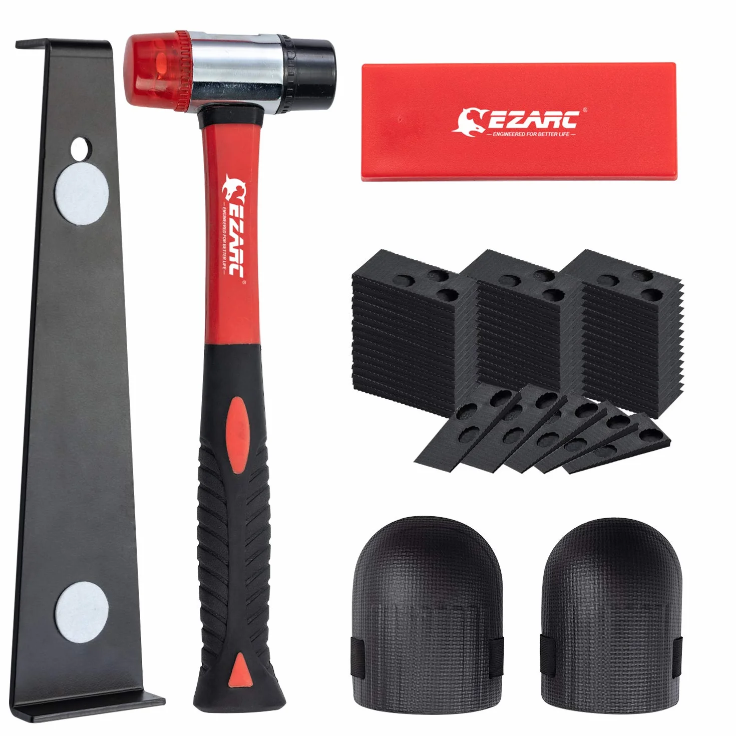 EZARC Kit de Suelo Laminado Instalación Madera con Martillo de Goma de Doble Cara, Rodilleras de Espuma, Bloque de Impacto, Barra de Tracción, 60 Espaciadores