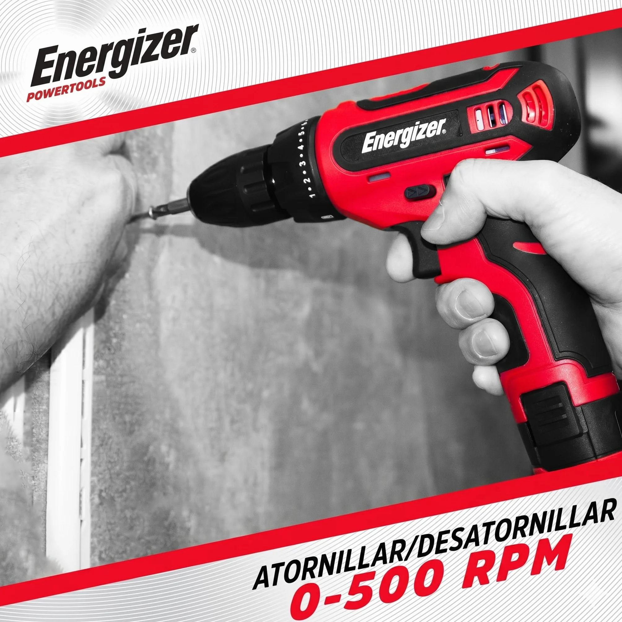 Destornillador inalámbrico Energizer de 12 V – Batería recargable integrada – 25 Nm – Mandril de 10 mm – Cable USB-A/USB-C de 1,5 m – Mango de agarre suave