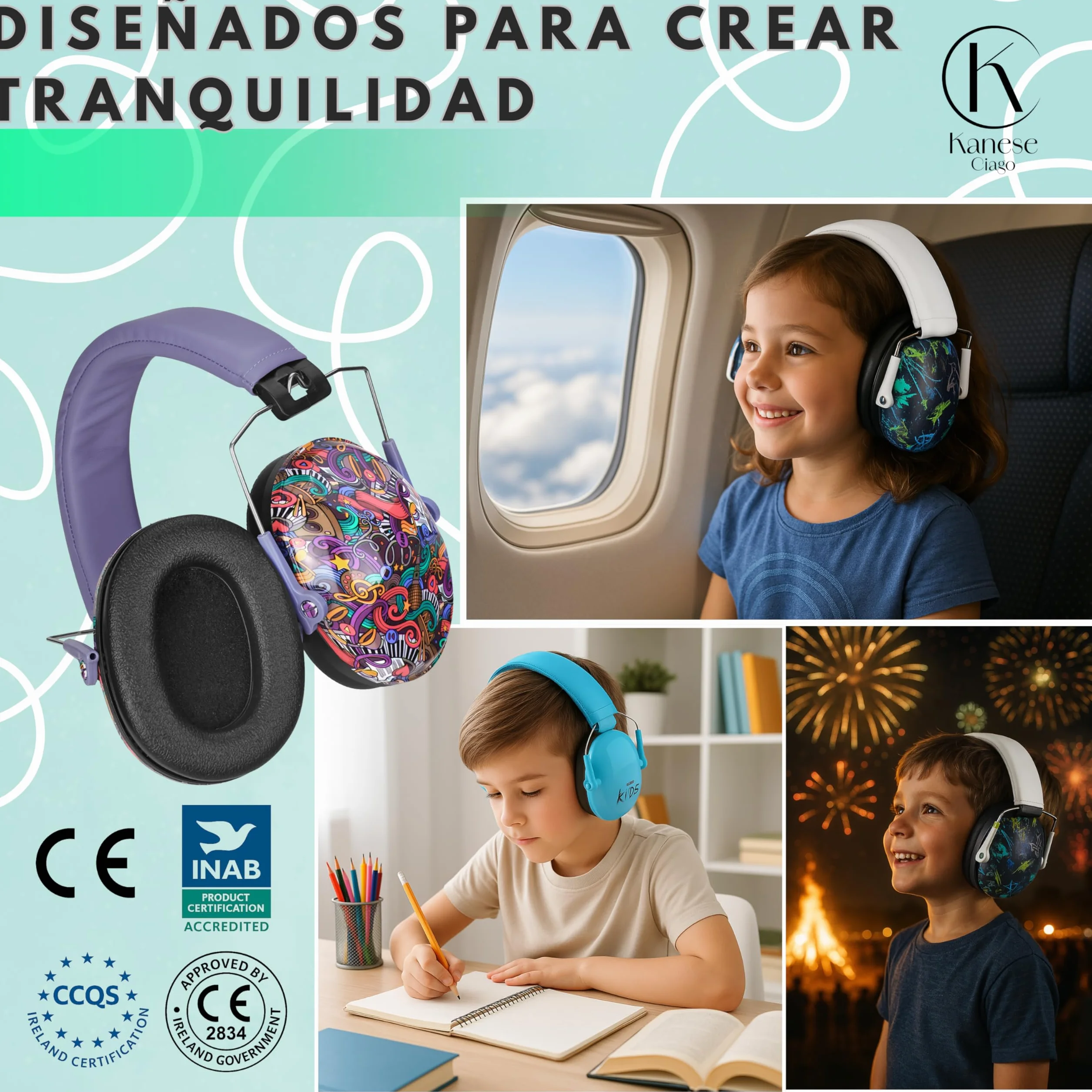 Cascos Antirruido para Niños 3-14 Años SNR 28 dB Protectores Auditivos Plegables Ajustables