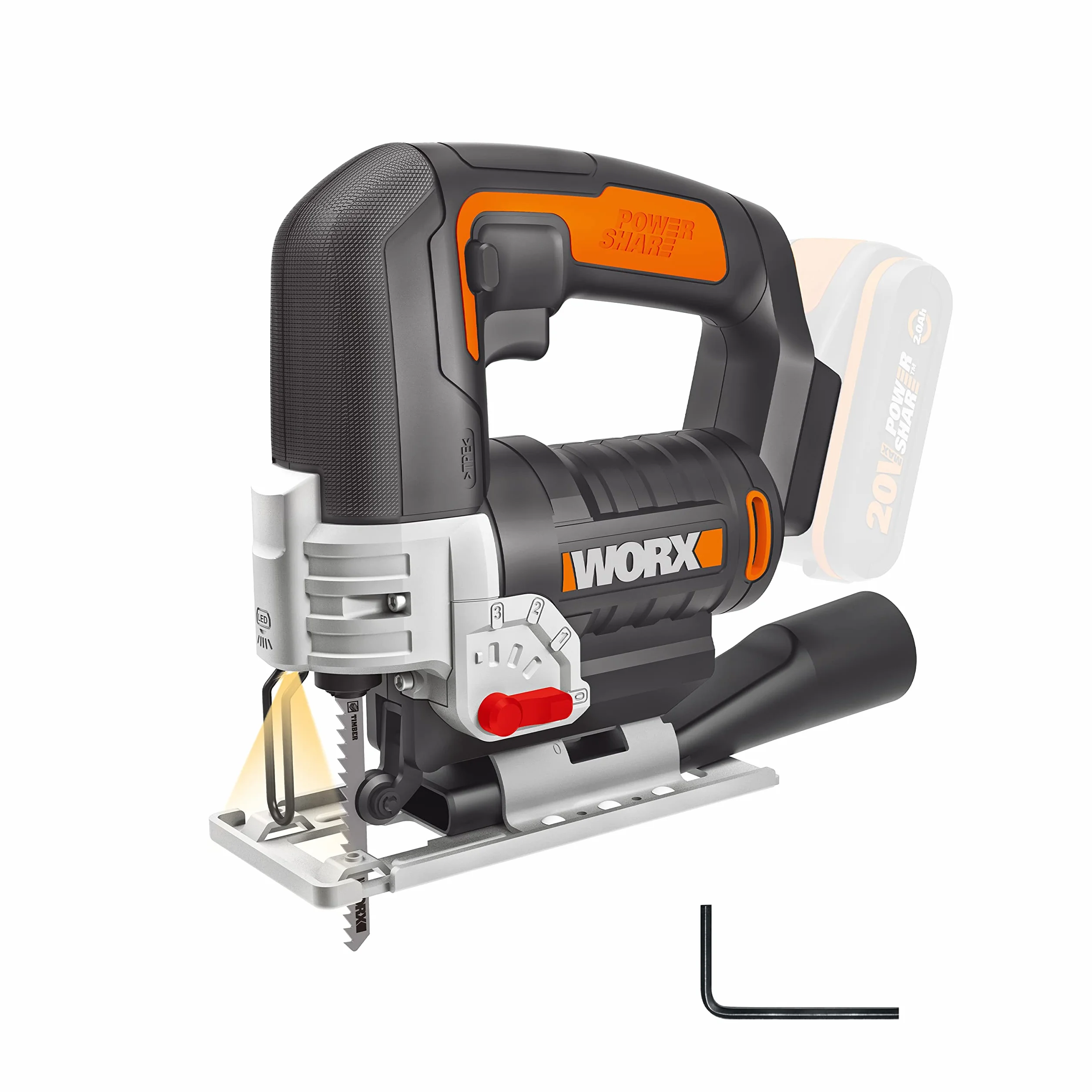 WORX Sierra de calar 20V Máx. | WX543.9 | Sistema de penduleo de 4 posiciones | Sin batería ni cargador | Cambio rápido de hoja| Luz LED | 24mm de corte | Caja de cartón |