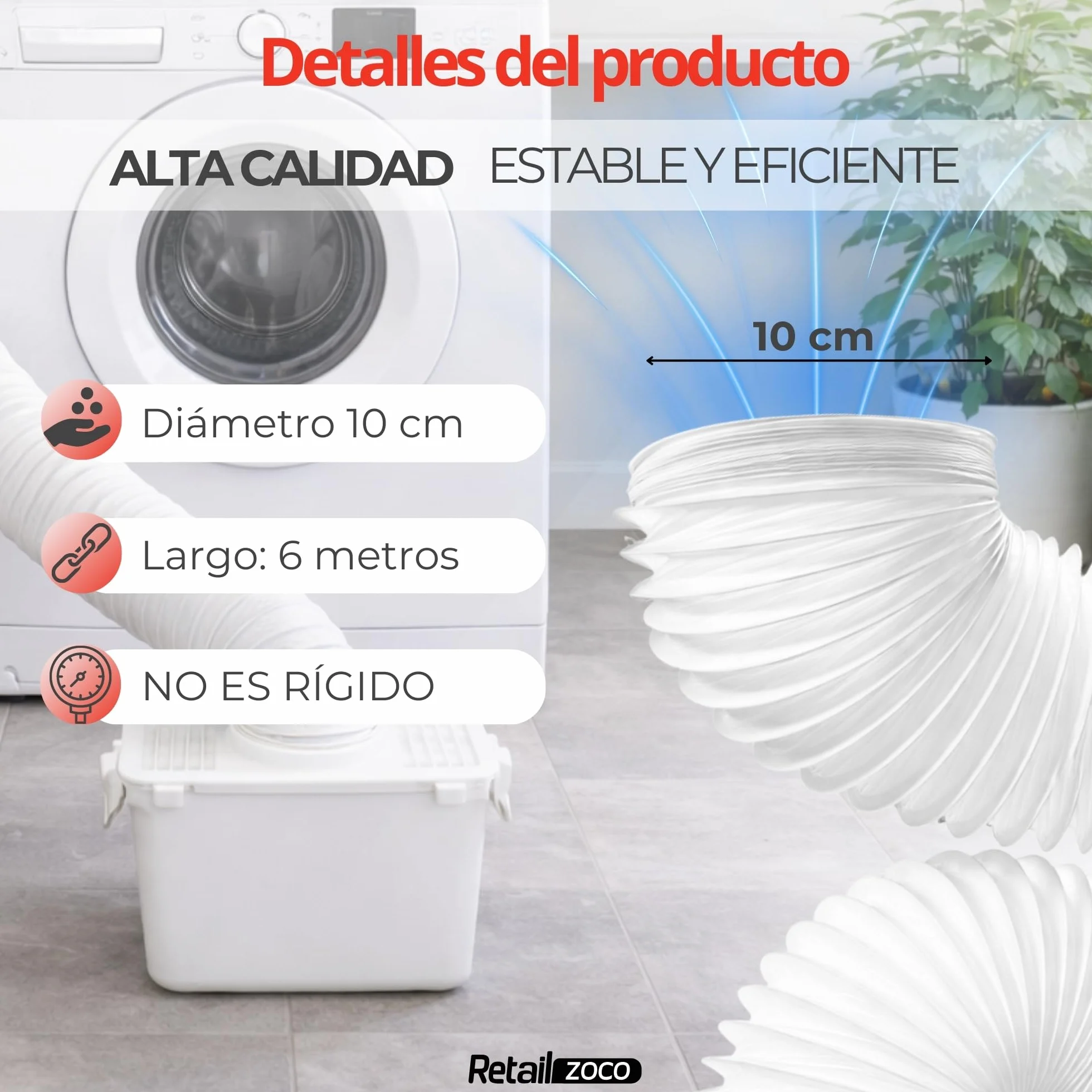 TECHZOCO Tubo de ventilación flexible, Conducto salida aire, Manguera de extracción de aire, Tubo Acondicionado Portátil, Apto Secadora, No es rígido, 6 Metros Largo x 10 cm diámetro