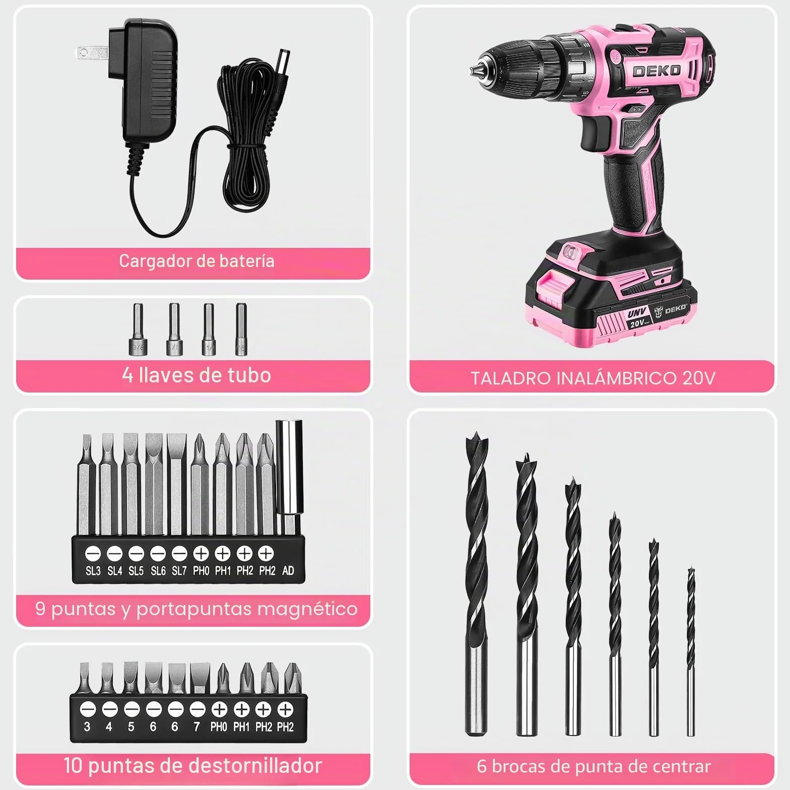 Taladro Inalámbrico, DEKOPRO 20V Taladro Atornillador Bateria con 1 Baterías y Cargador, 40 Nm, 2 Velocidad y LED, Adecuado para Bricolaje en Casa y Jardín,Rosa