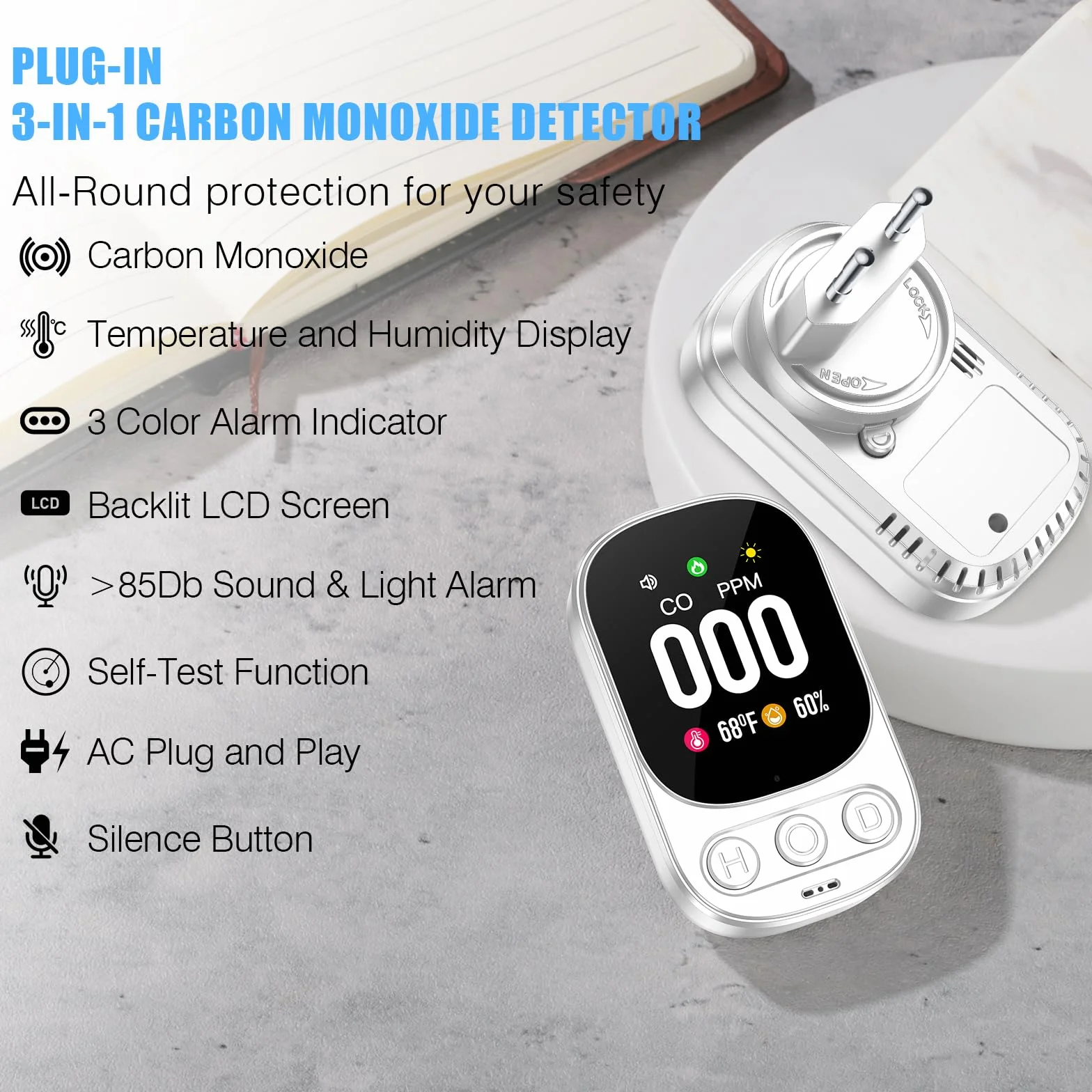YOJOCK CO-Melder, Detector de Monóxido de Carbono 3-en-1 con Sensor de Temperatura y Humedad, Detector CO para Casa, Camper, Apartamento, Sótano, Taller y más, Certificado EN 50291 (Blanco)