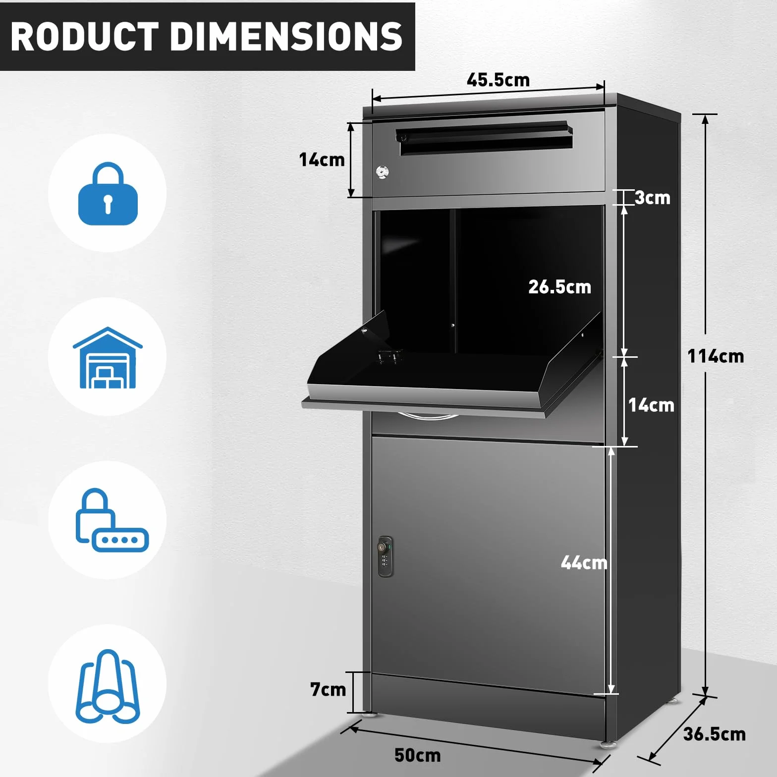 Buzón para exteriores, caja grande para paquetes con cerradura de combinación, buzón de acero inoxidable con función impermeable y antirrobo (50 x 36,5 x 114 cm)