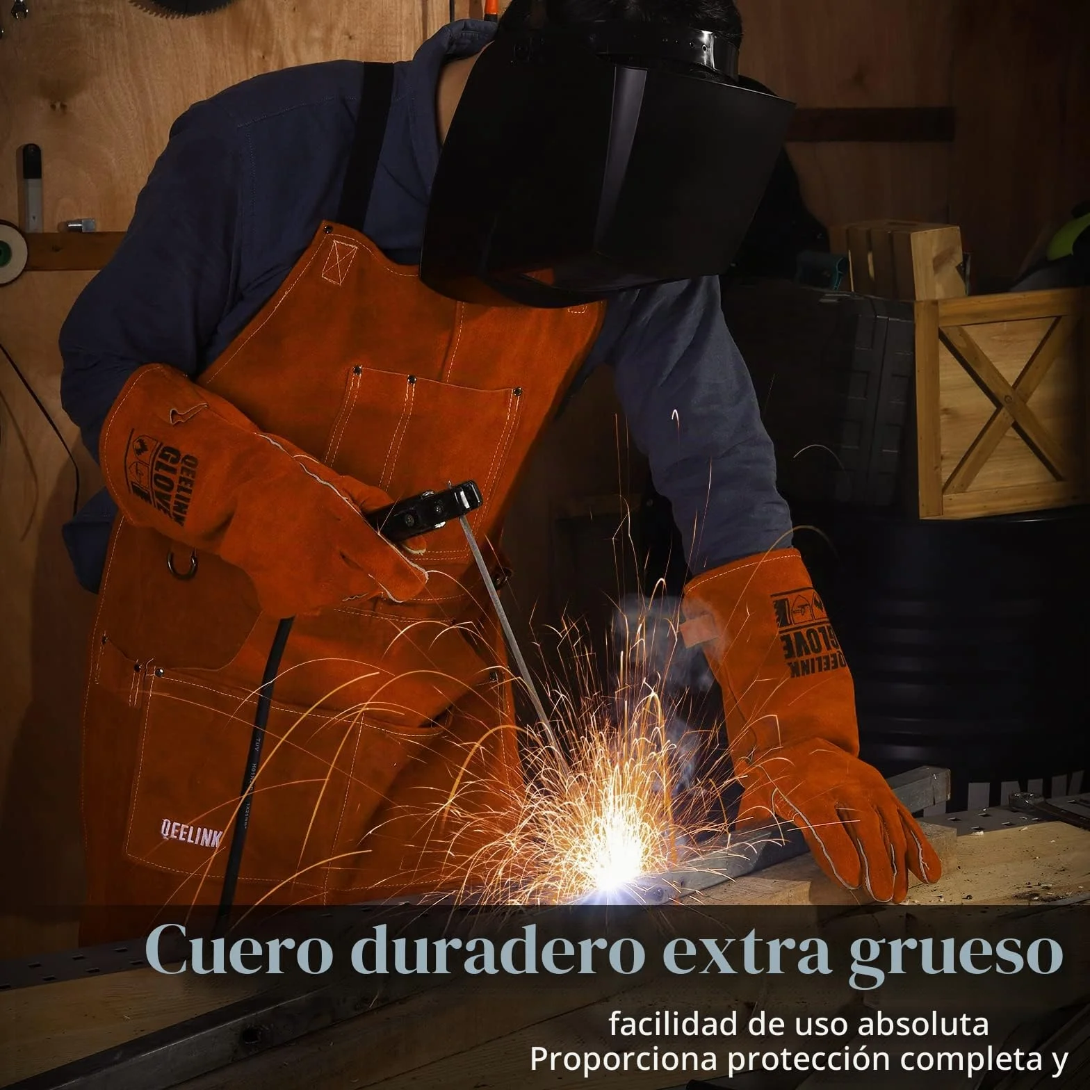QeeLink delantal de soldador de cuero, delantal de cuero con 6 bolsillos para herramientas, mandil de carpintero resistente para hombres y mujeres, resistente al calor