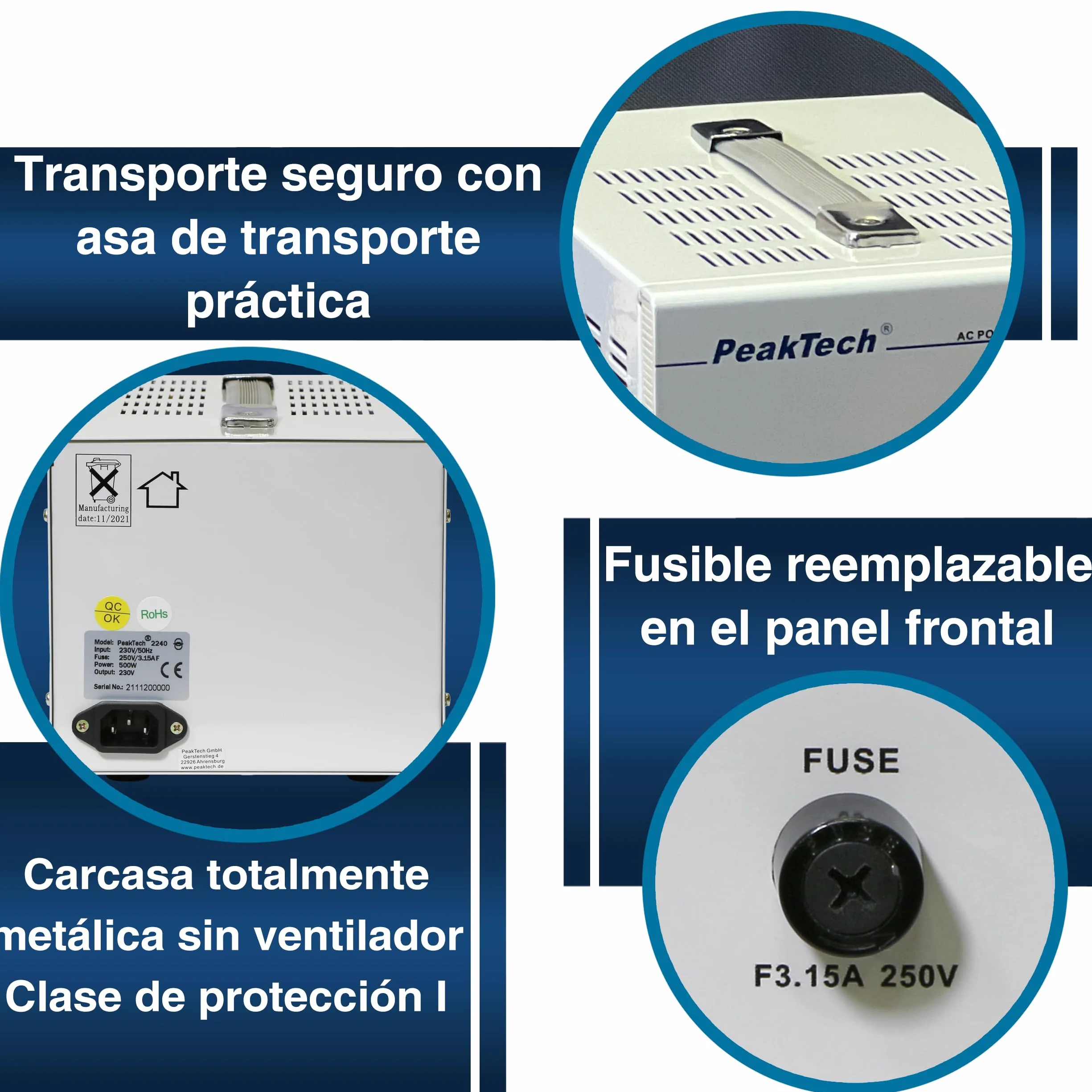 PeakTech 2240 - Transformador de Aislamiento, Dispositivo de Medición, Toroidal, Galvánico, Clase de Protección 1, Uso Móvil, Voltaje de Entrada 230 V, Potencia de Salida 500 W - 160 x 125 x 235 mm