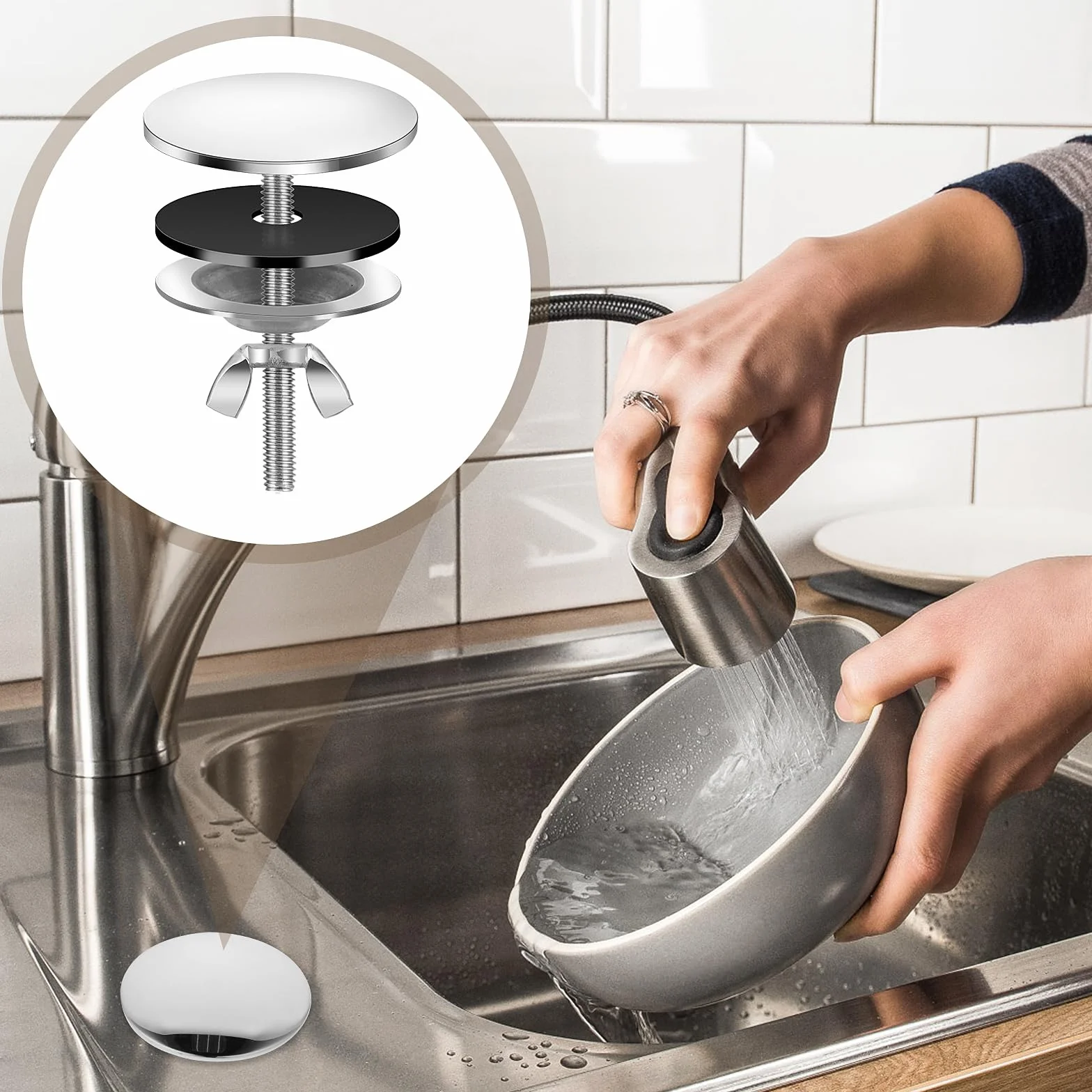 Cubierta para agujero de fregadero, cubierta de acero inoxidable, tapa de agujero de fregadero de cocina, accesorios de fregadero para decoración del hogar, cocina y baño (plateado)