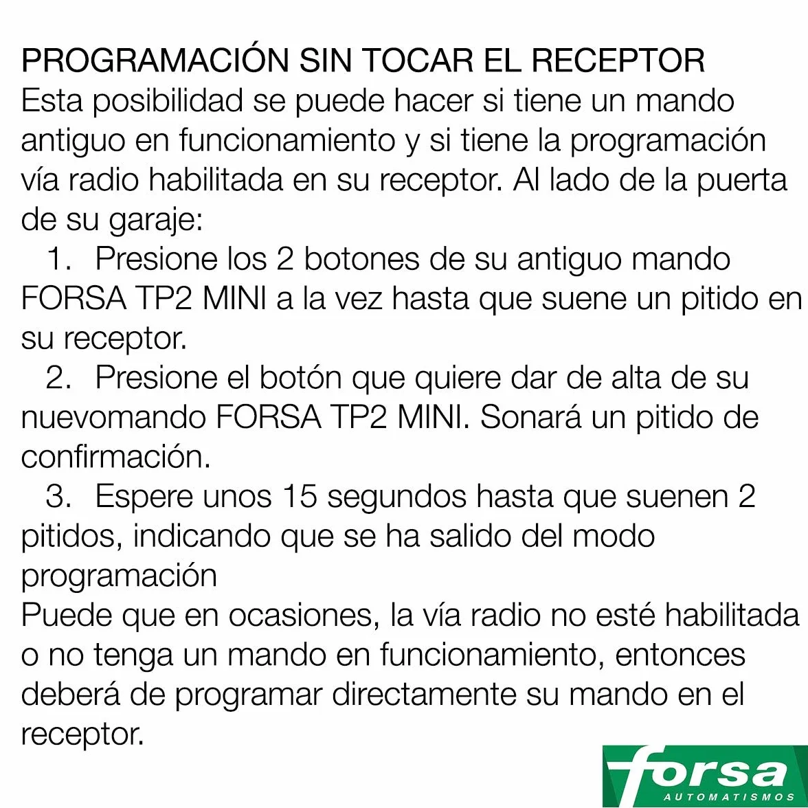 FORSA TP2 MINI Mando Garaje Frecuencia 868 MHz Válido Puertas de Garaje Forsa