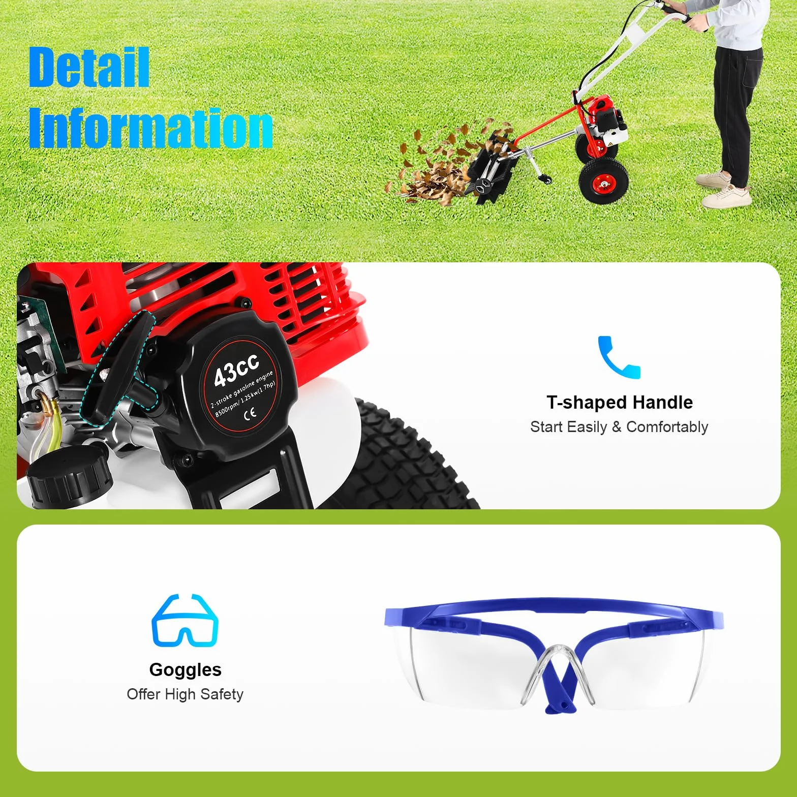 43CC Gasoline Lawn Sweeper, cepillo para césped artificial, barredora manual, escoba motor de gasolina, escoba de motor, barredora, removedor de nieve, recogedor de nieve
