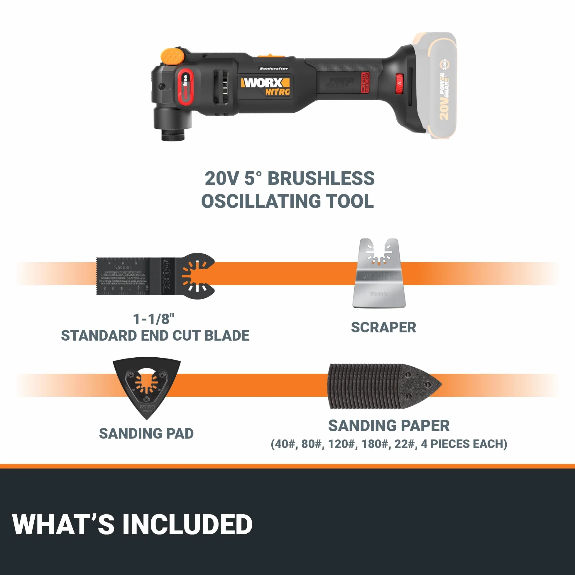 Worx Nitro 20V Cordless Oscillating Multi Tool with 5° Oscillation Angle, VibraFree Technology, Slim-body Design, Tool Only, 23 Pieces Accessories with Carrying Bag, WX698L.9
