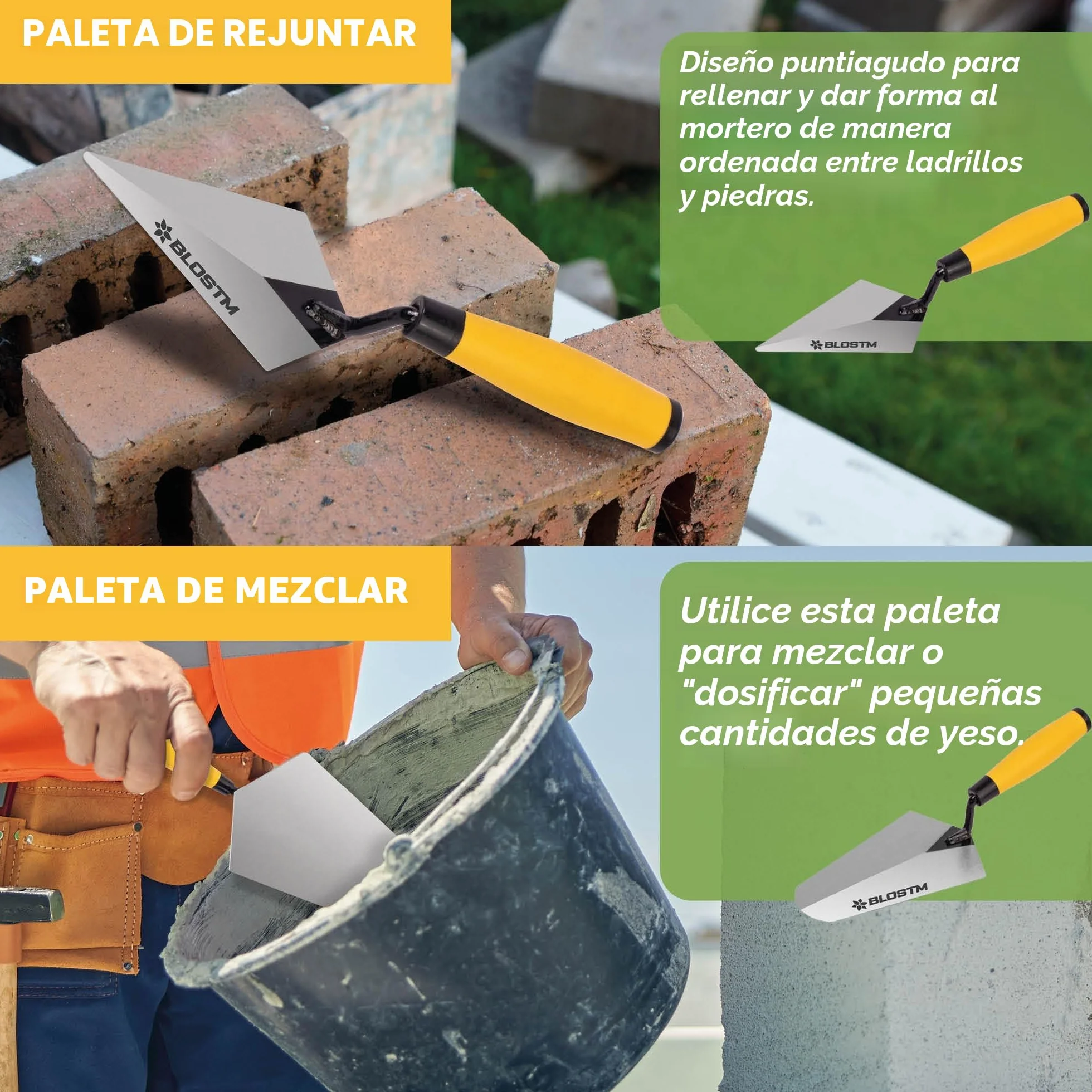 BLOSTM Juego de 5 Paleta Albañil - Pastera Albañil, Paleta de Señalar, de Medición, de Ladrillo, de Yeso - Acero al Carbono Duradero - Asas de Agarre Suave (5 Piezas)